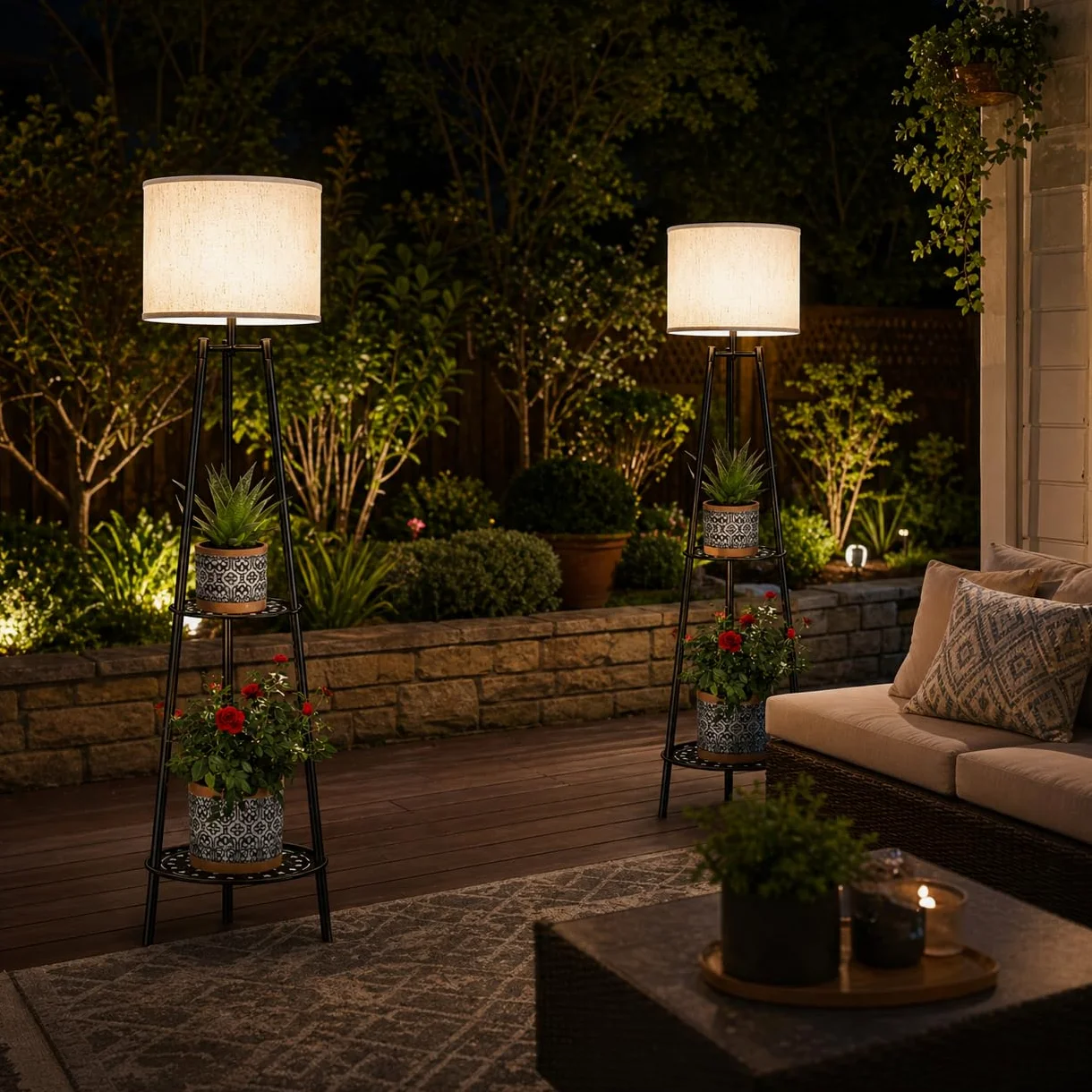 VISFLAIR Confezione da 2 luci solari con supporto per piante a 2 livelli, lampade da terra per esterni, impermeabili, a LED Edison, lampade da terra per patio, portico, terrazza, cortile, decorazione