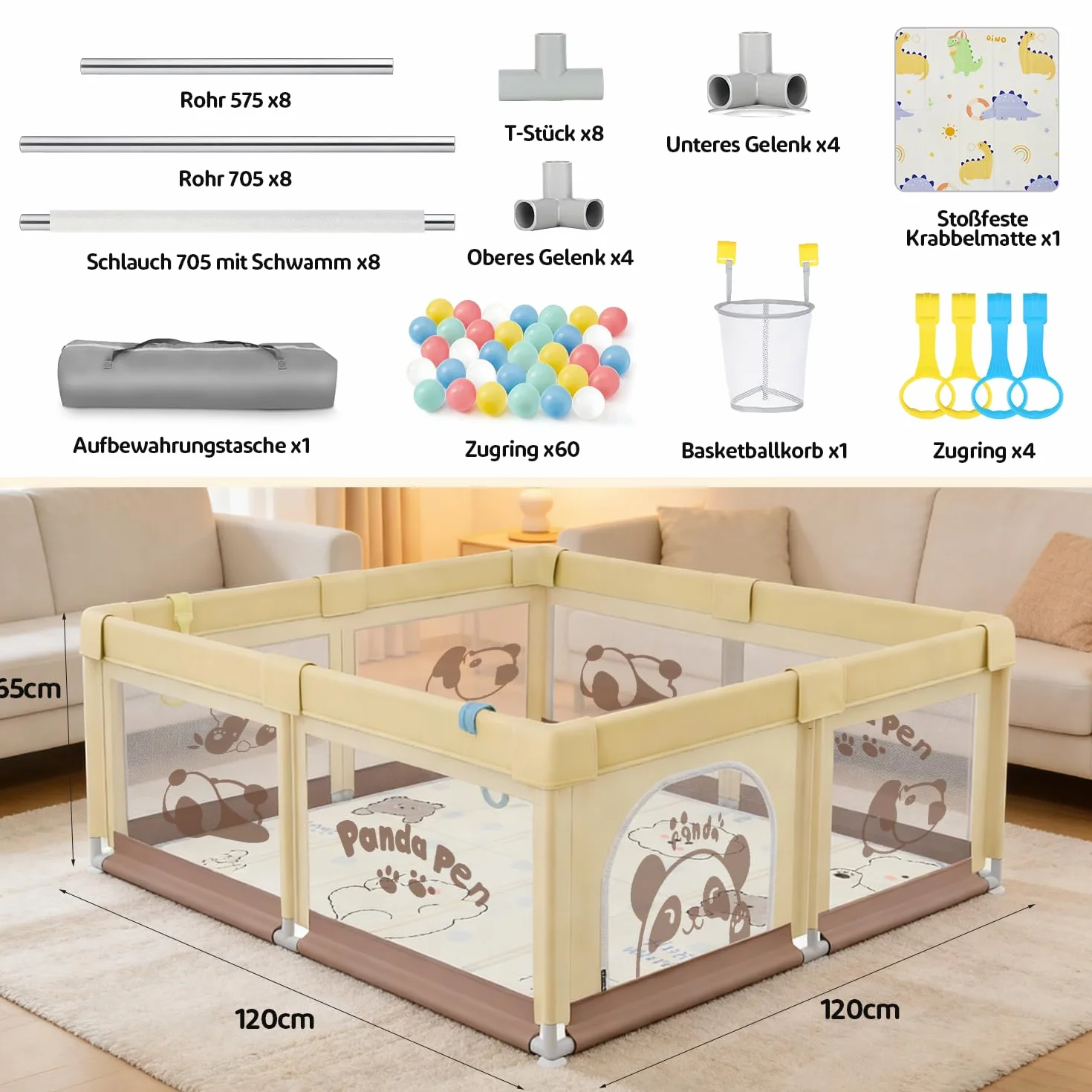 Box Bambini 120x120 con Tappeto, Panda Beige, Tessuto Oxford, Sicurezza Antiscivolo