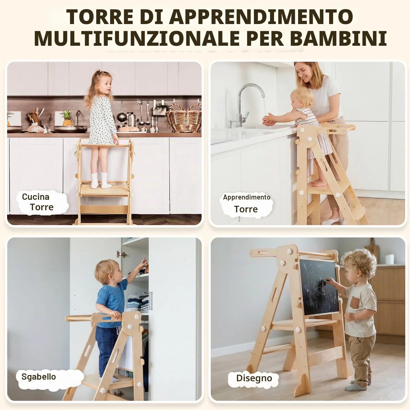 labebe Torre di apprendimento pieghevole 3 in 1 regolabile in altezza e larghezza per bambini da 1 anno