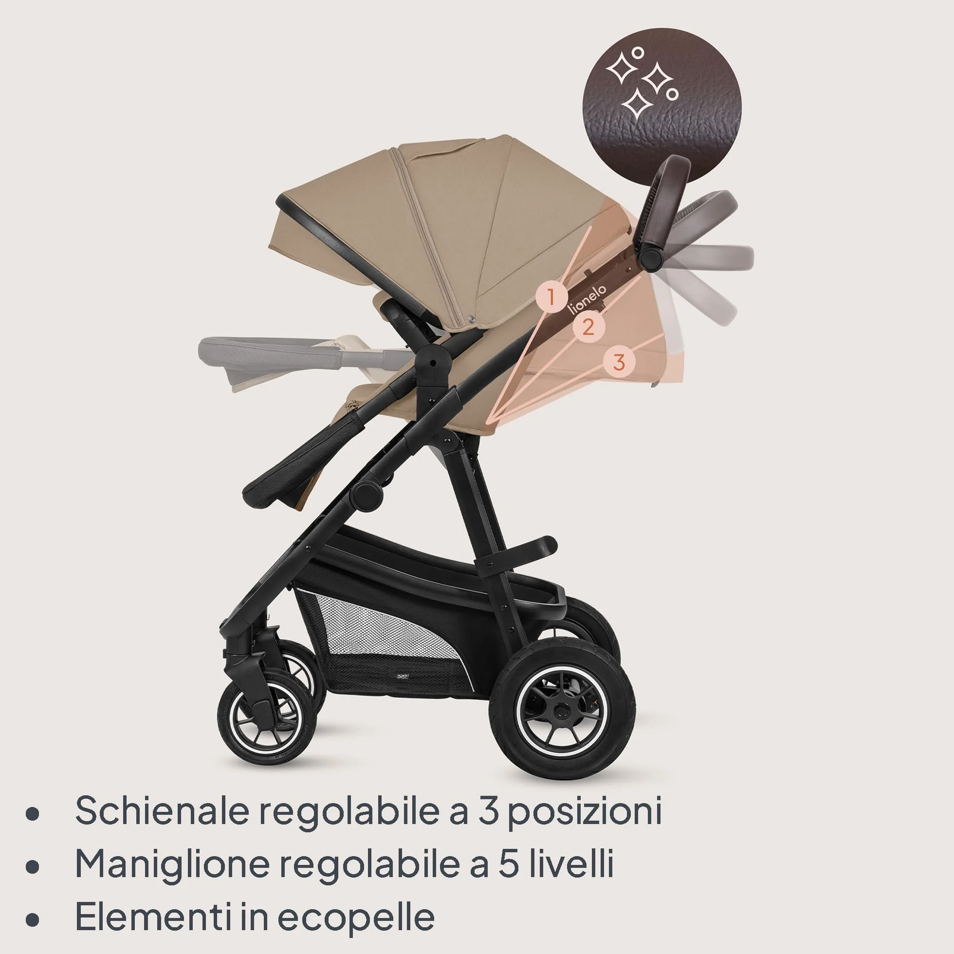 Passeggino 3 in 1 per Bambini 0-48 mesi, Sistema Modulare con Seduta, Navicella, Ovetto Neonato, Leggero, Pieghevole, Ruote Grandi, Cappottina XXL UPF50+