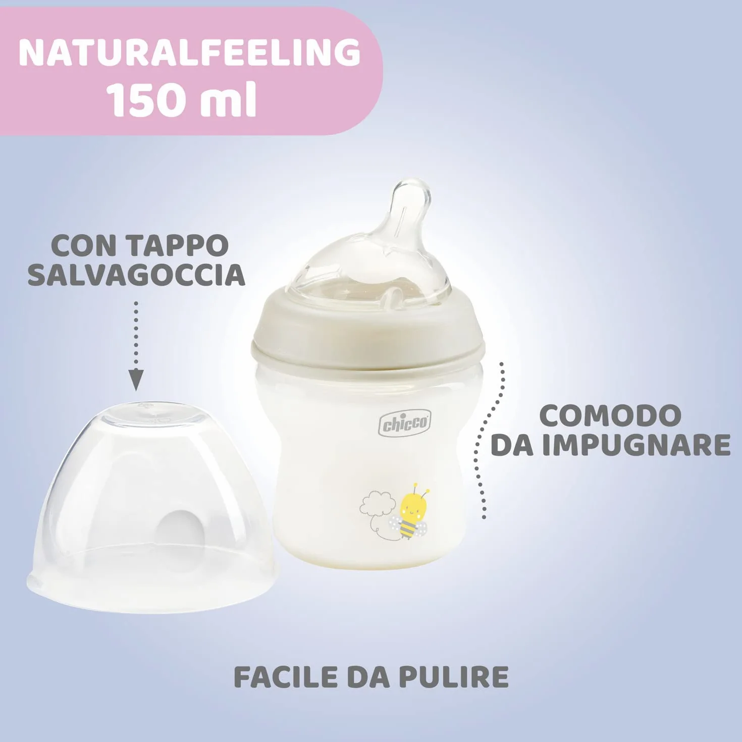 Chicco Natural Feeling Biberon Anticolica 0 Mesi+ 150 ml, Tettarella in Silicone Morbida, Flusso Lento, Colore Neutro