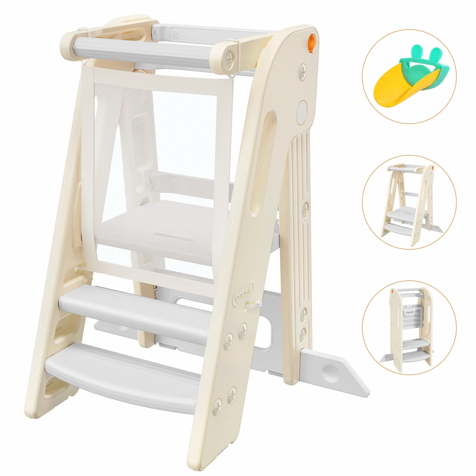 Torre Montessoriana Pieghevole Regolabile Altezza Learning Tower Antiscivolo Anti-Ribaltamento Bianco 1-6 Anni