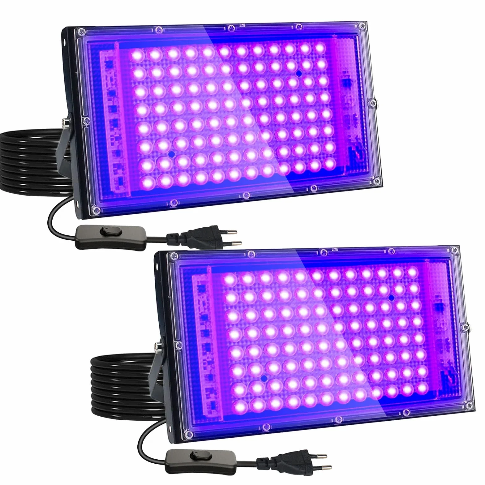 Eleganted 2 Pezzi 100W Faretto UV LED, luce UV LED con Spina, IP65 Impermeabile Luce Nera, UV Lampada Ultravioletti Decorare per Acquario, Festa, Pittura Fluorescente, Poster Fluorescente, Bar, Festa