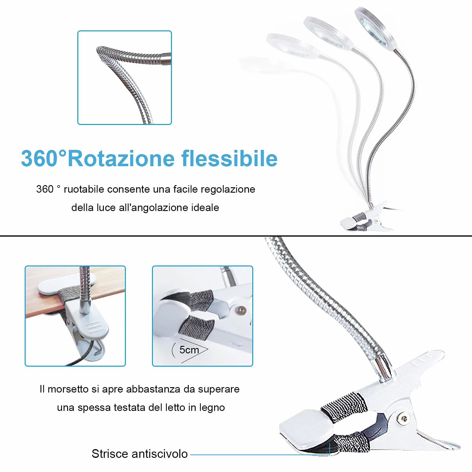 Lampada con Lente Ingrandimento, Lampada Estetista da Tavolo Dimmerabile LED USB con Pinza di Cigno Flessibile per Trucco Tattoo Nail Art Bellezza [Classe di efficienza energetica A+]