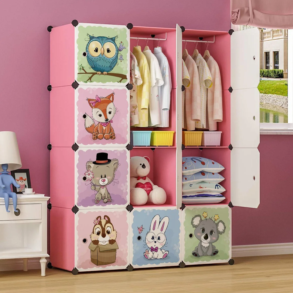 BRIAN & DANY Armadio Bambini 8 Cubi 2 Sezioni Appese Rosa 110x47x147 cm