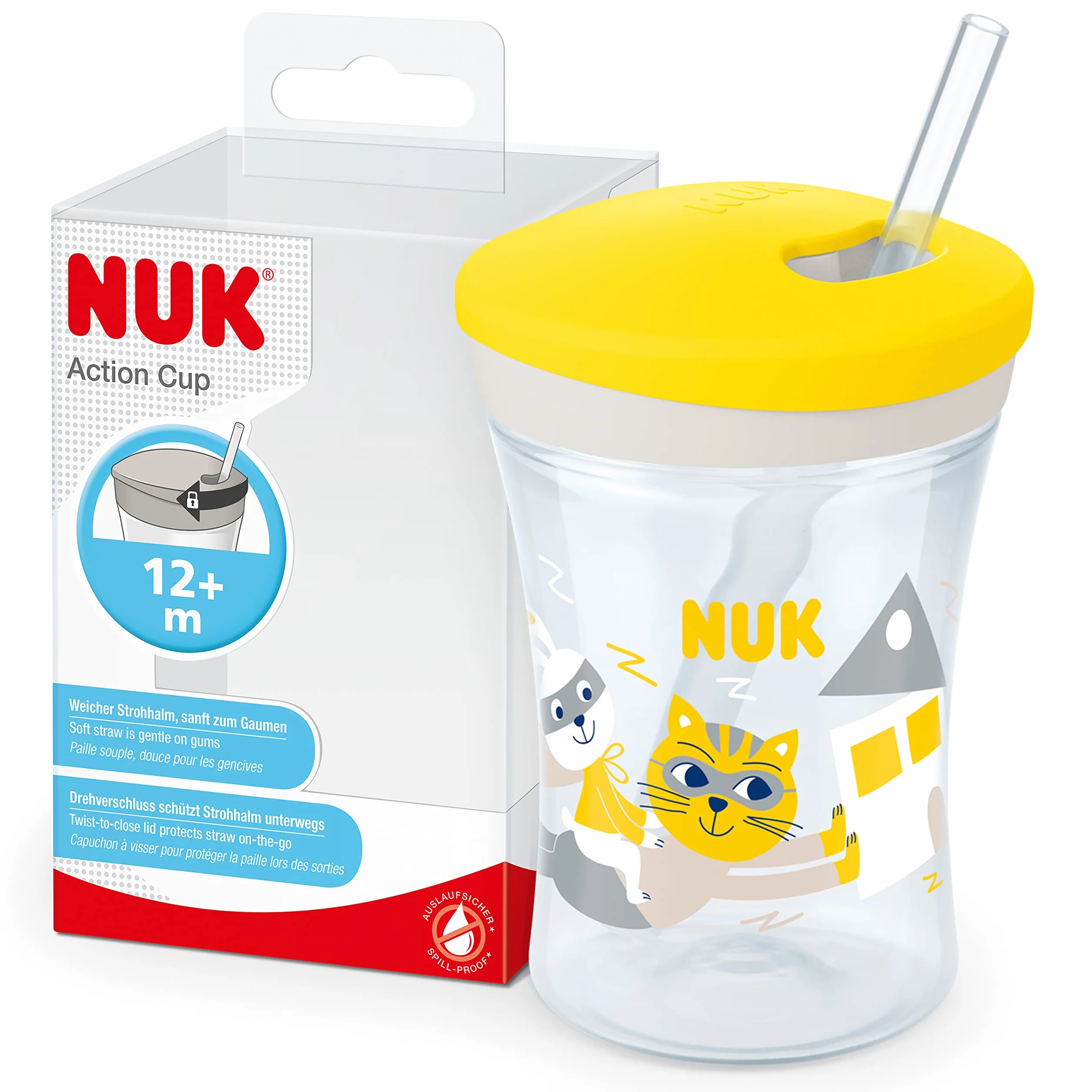 NUK Action Cup Bicchiere con Cannuccia per Bambini 230ml Gatto Giallo