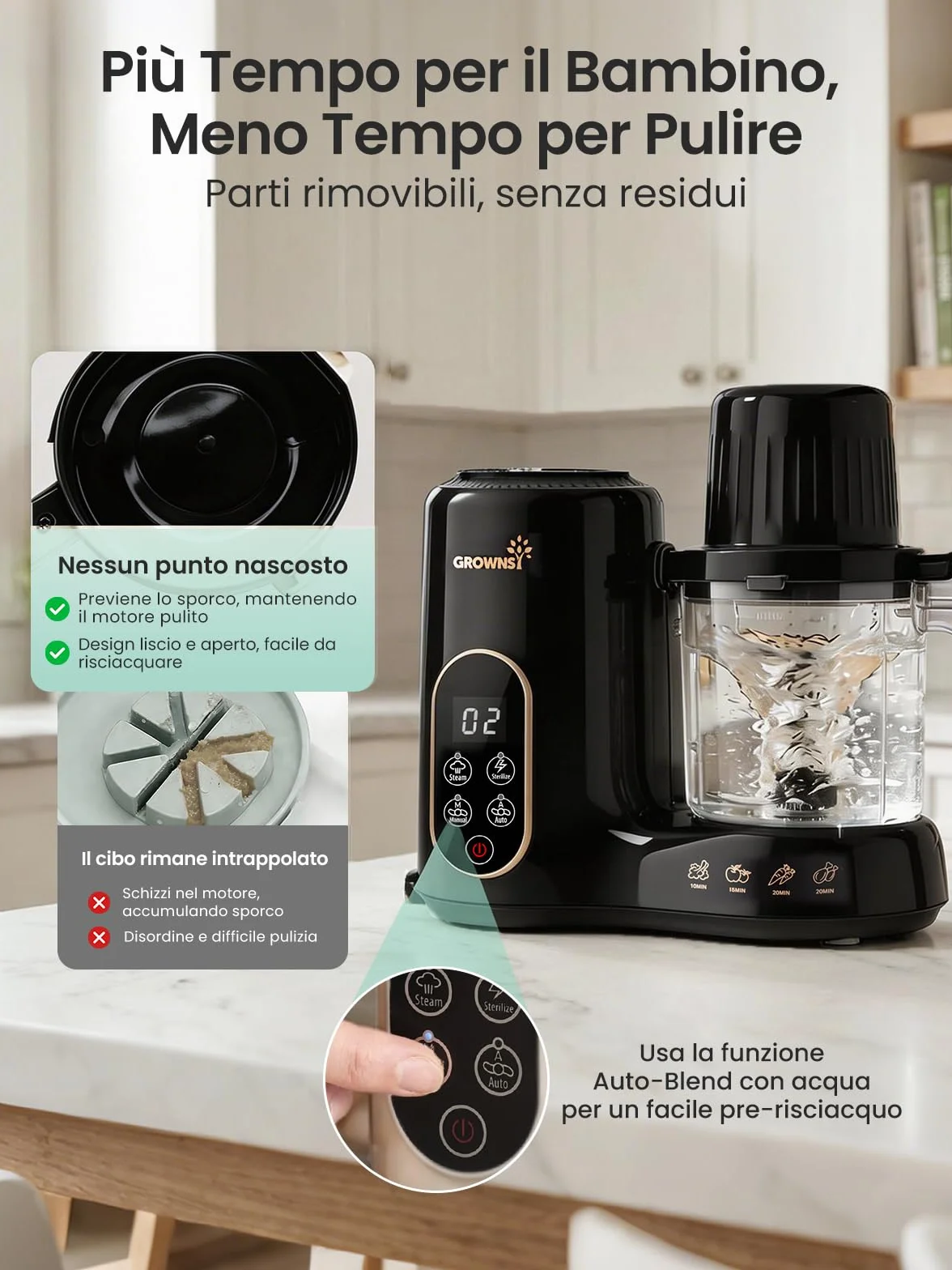 Grownsy Cuocipappa Multifunzione 7-in-1 Robot Cucina per Svezzamento con Doppio Cestello a Vapore, BPA Free