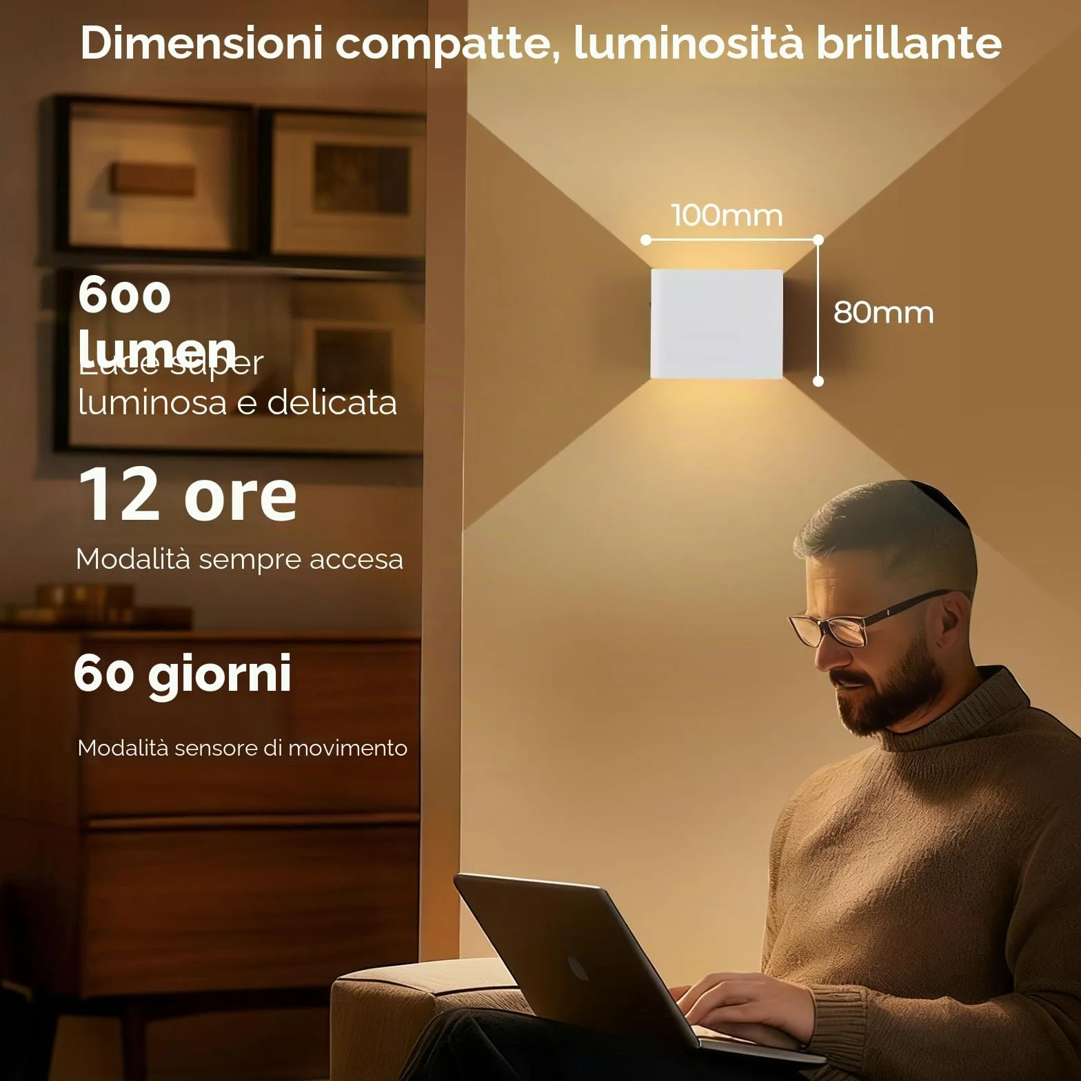 FUPE Applique da Parete Interno con Sensore di Movimento,Applique da Parete a Batteria da 4000 mAh con Telecomando,3 Colori Regolabile in Luminosità,Senza Fili,USB Ricaricabile,Bianco 2 Pezzi