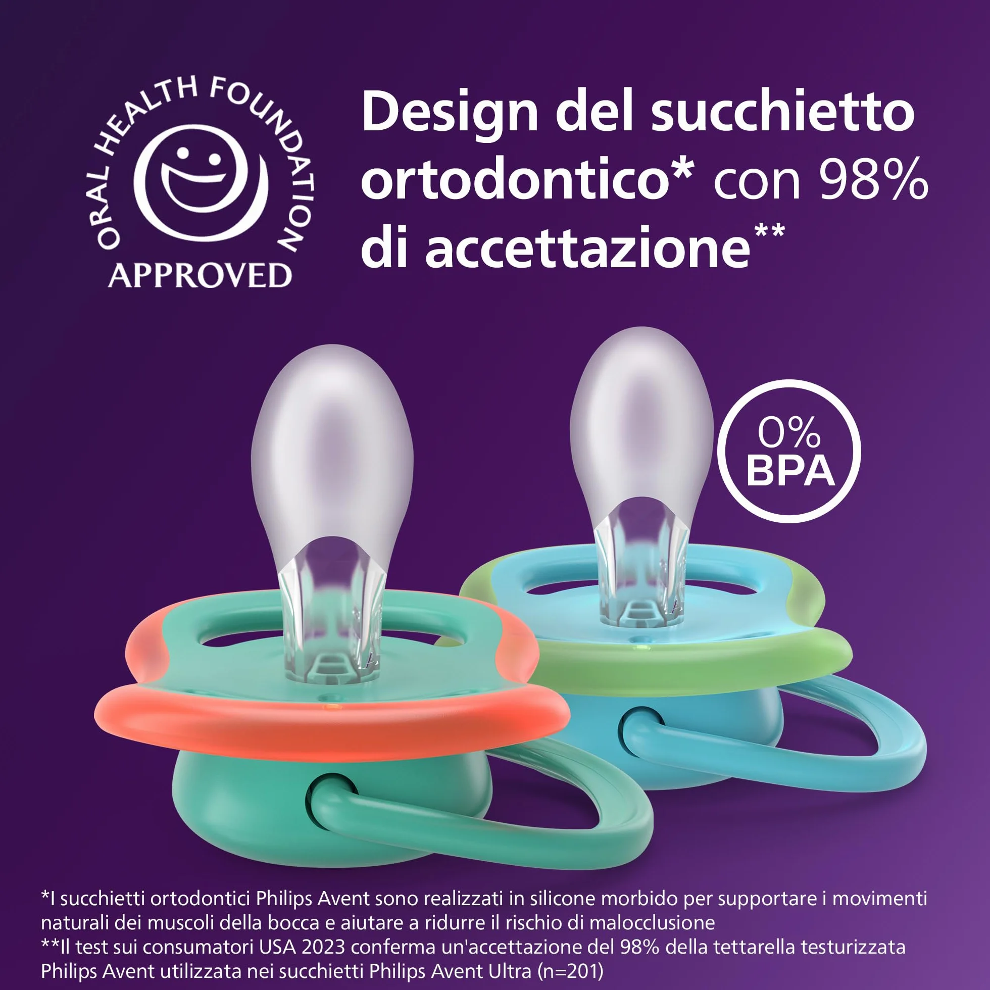 Philips Avent Ultra Air Day & Night Ciuccio ortodontico 6-18 mesi fluorescente silicone senza BPA confezione 4 SCF087/27