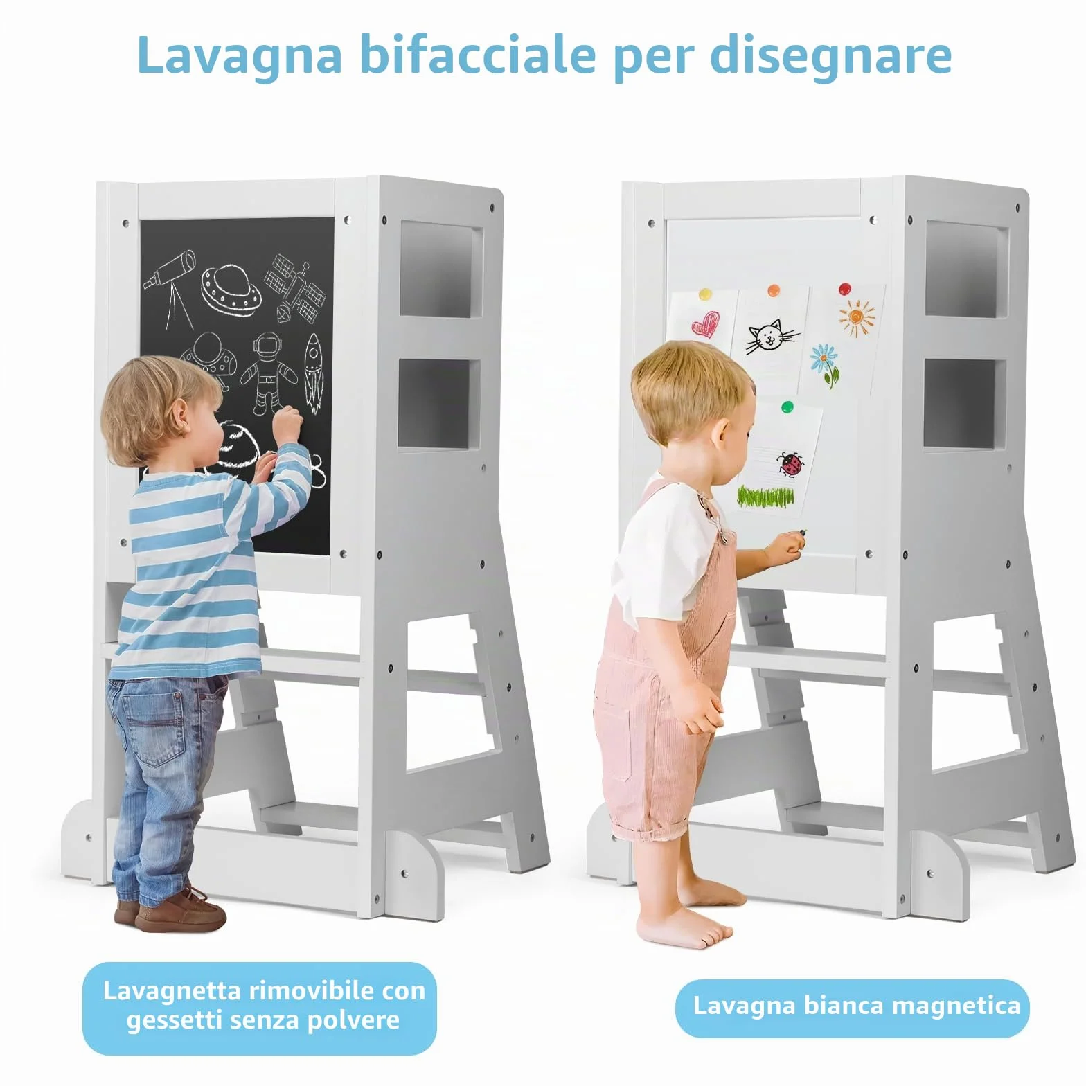 Torre Montessoriana Bambini 3 Livelli Regolabili Altezza Lavagna Magnetica Rimovibile Bianco