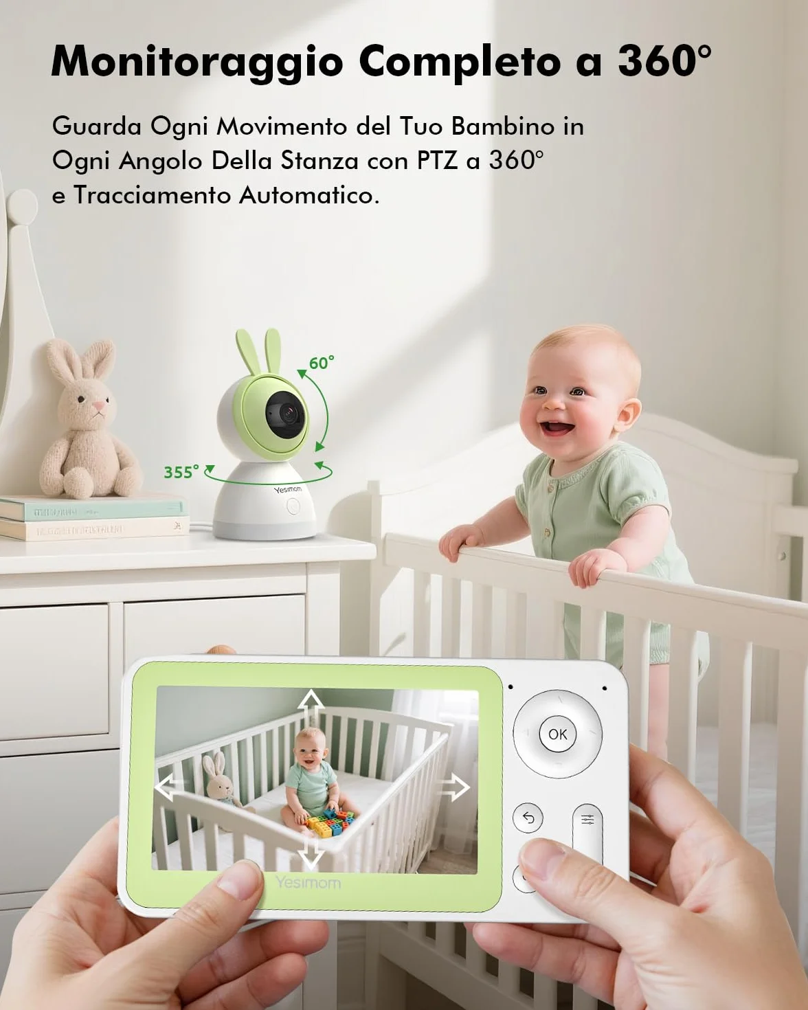 Baby Monitor WiFi 4,3" 360° PTZ Telecamera Bambini con Monitor Videocamera Neonato IPS Schermo 2500mAh Luce Notturna Controllo APP Mobile Visione Notturna Ninne Nanne