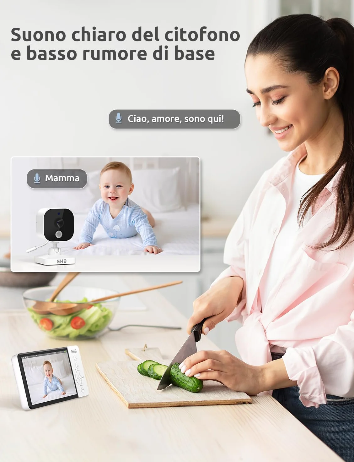Baby Monitor Video Audio 5" Schermo IPS 5000mAh Visione Notturna Sensore Temperatura VOX Ninnananna