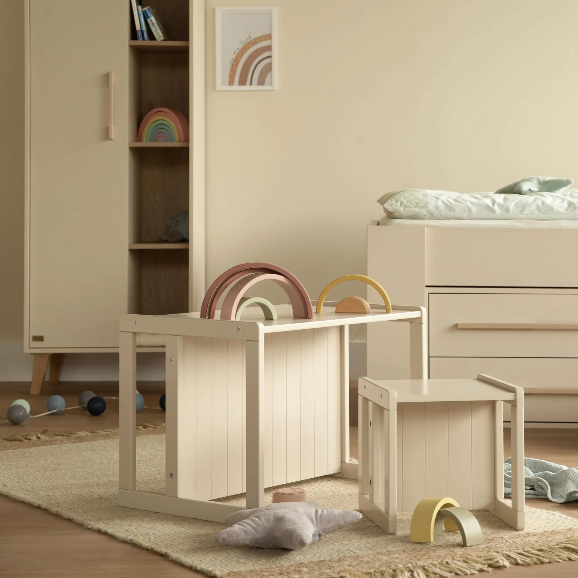 Sgabello per Bambini in Stile Country Reversibile 3 Altezze Seduta Legno Beige/Cashmere