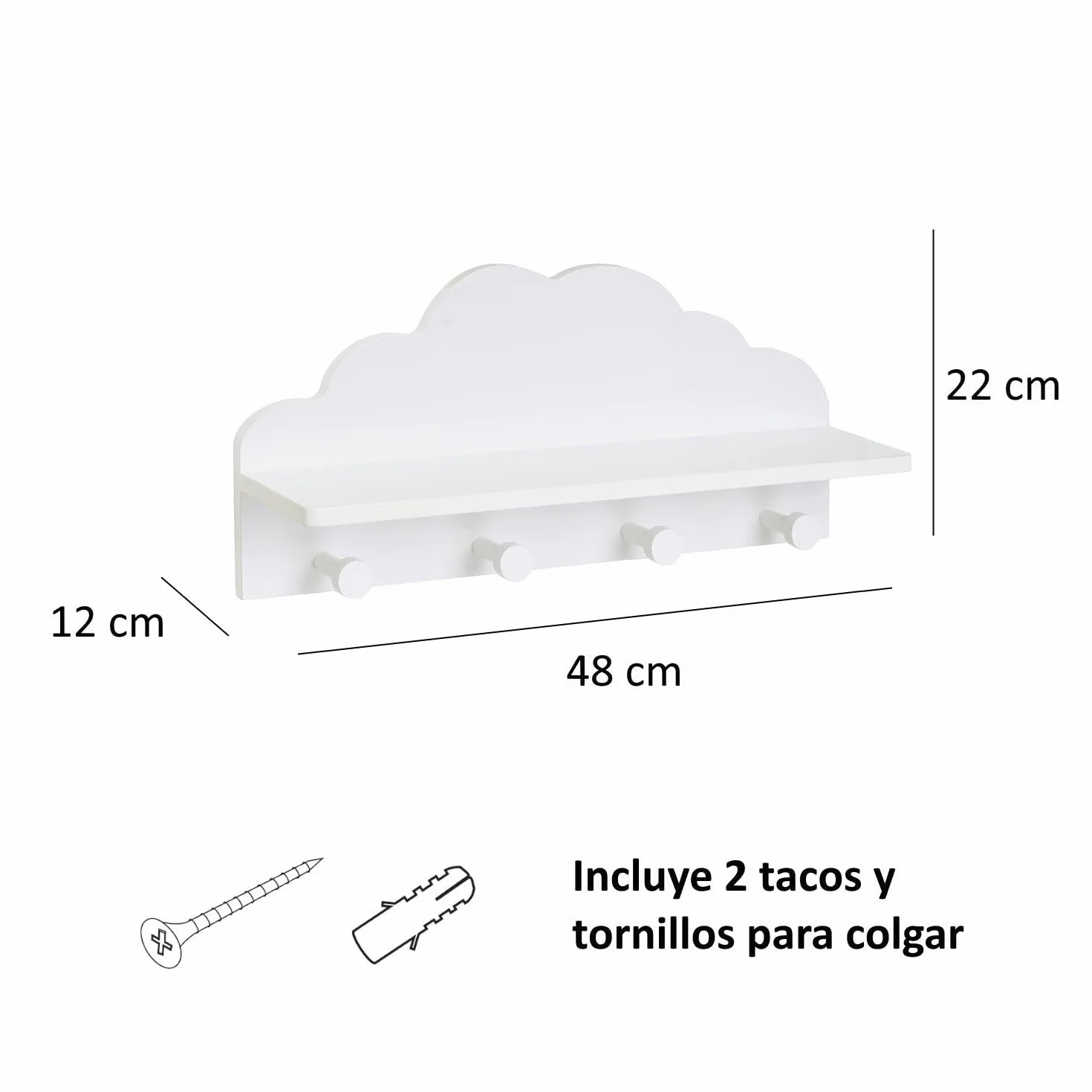 LOLAhome Appendiabiti da parete per bambini design nuvola bianco 48 cm 4 ganci