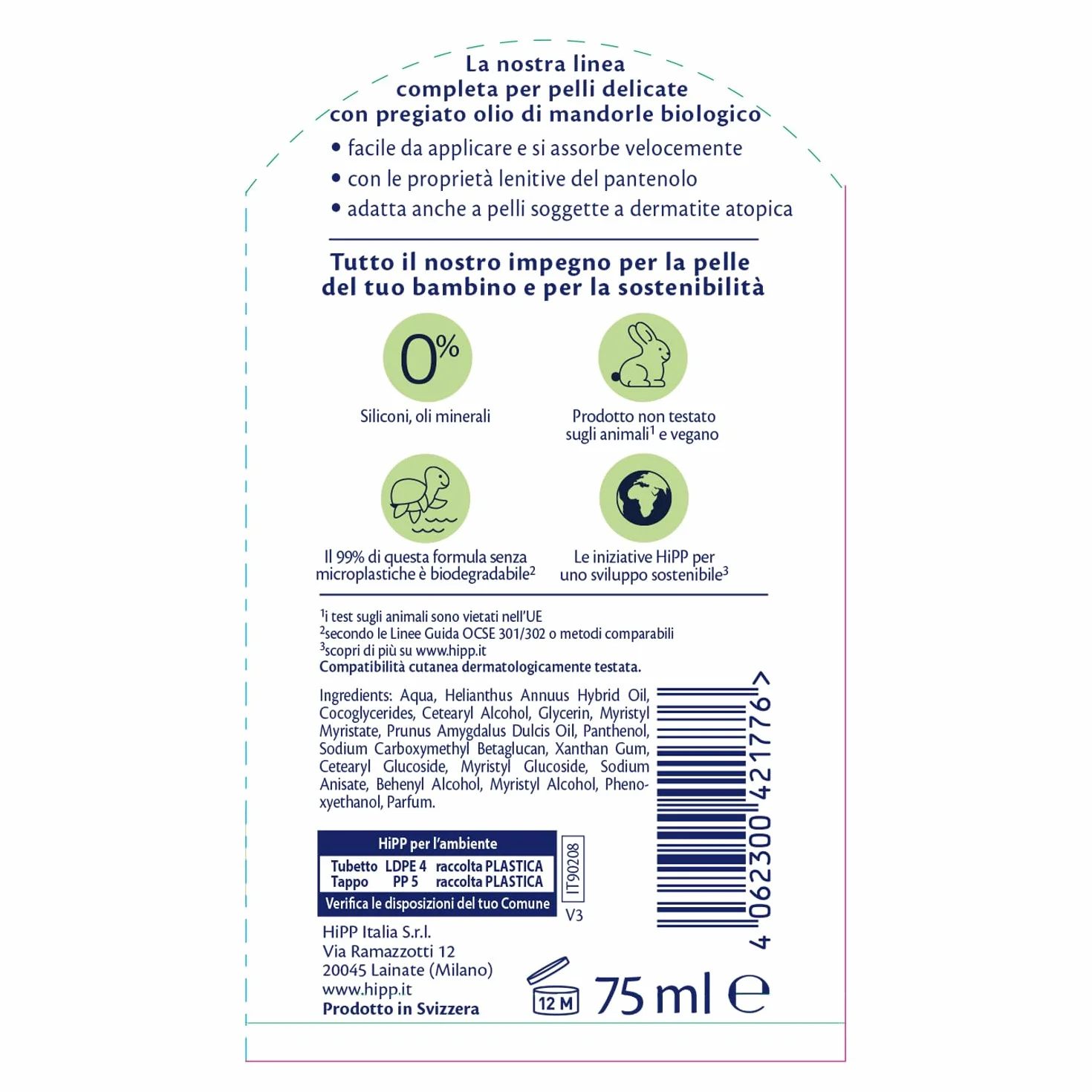 HiPP Crema Idratante Viso e Corpo Bambini Neonati Pelli Sensibili Olio di Mandorle Bio 75 ml