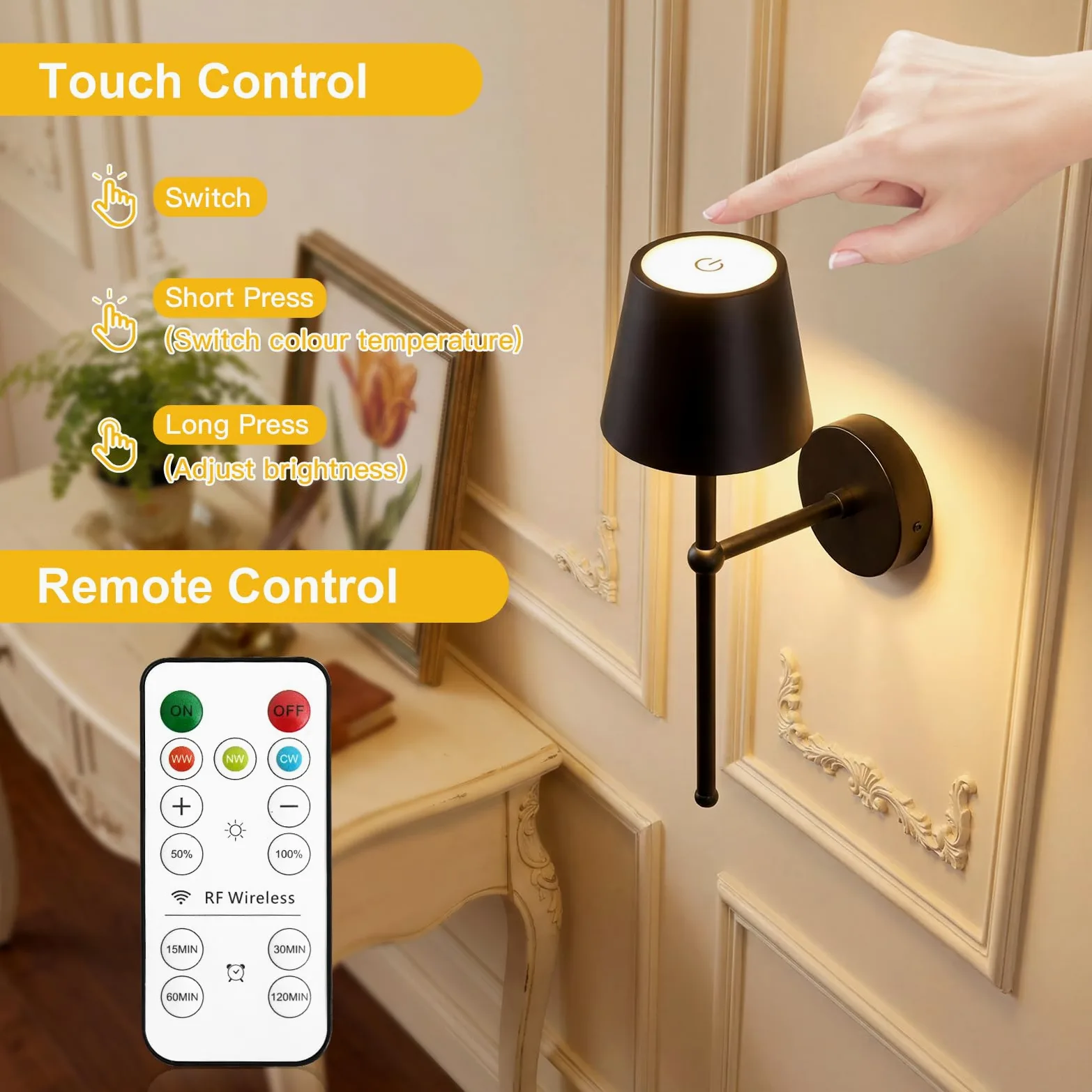 TaoFiaCo Applique da Parete a LED Interni Ricaricabile Nero, Long, 2 Pezzi | Lampada da Parete con Telecomando, 3 Temperature di Colore, Applique a LED Senza Fili con Batteria per Soggiorno