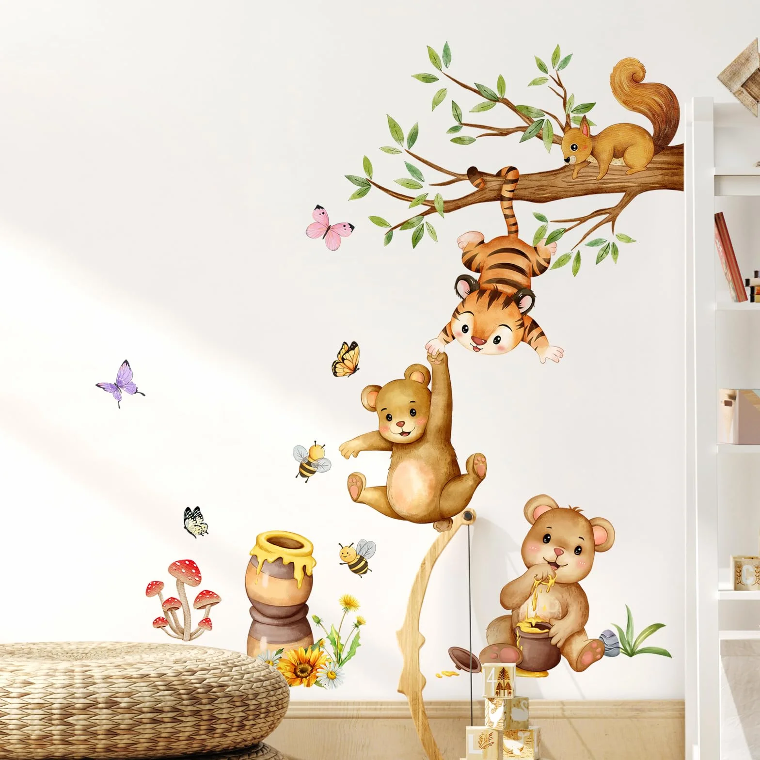 Supzone Adesivi Murali Animali Foresta Tigre Orso Scoiattolo Dondolando Miele Albero Ramo Decorazione Murale per Camerette Bambini