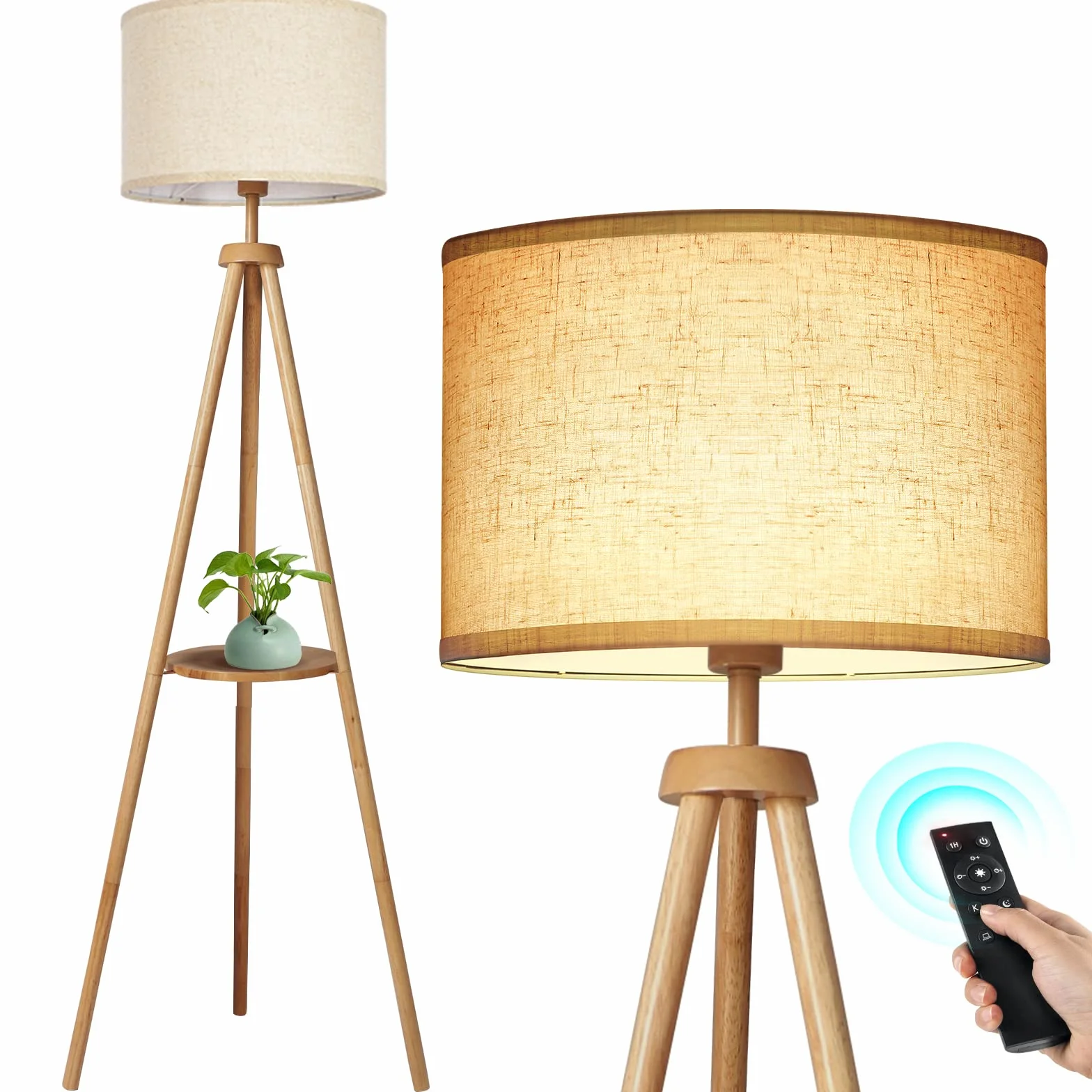 OUTON Lampada da Terra Treppiede in Legno Solido, Piantana da Salotto con Telecomando, Dimmerabile e 3000K-6000K, Lampada da Terra con Ripiano Portaoggetti per Soggiorno, Camera, Ufficio