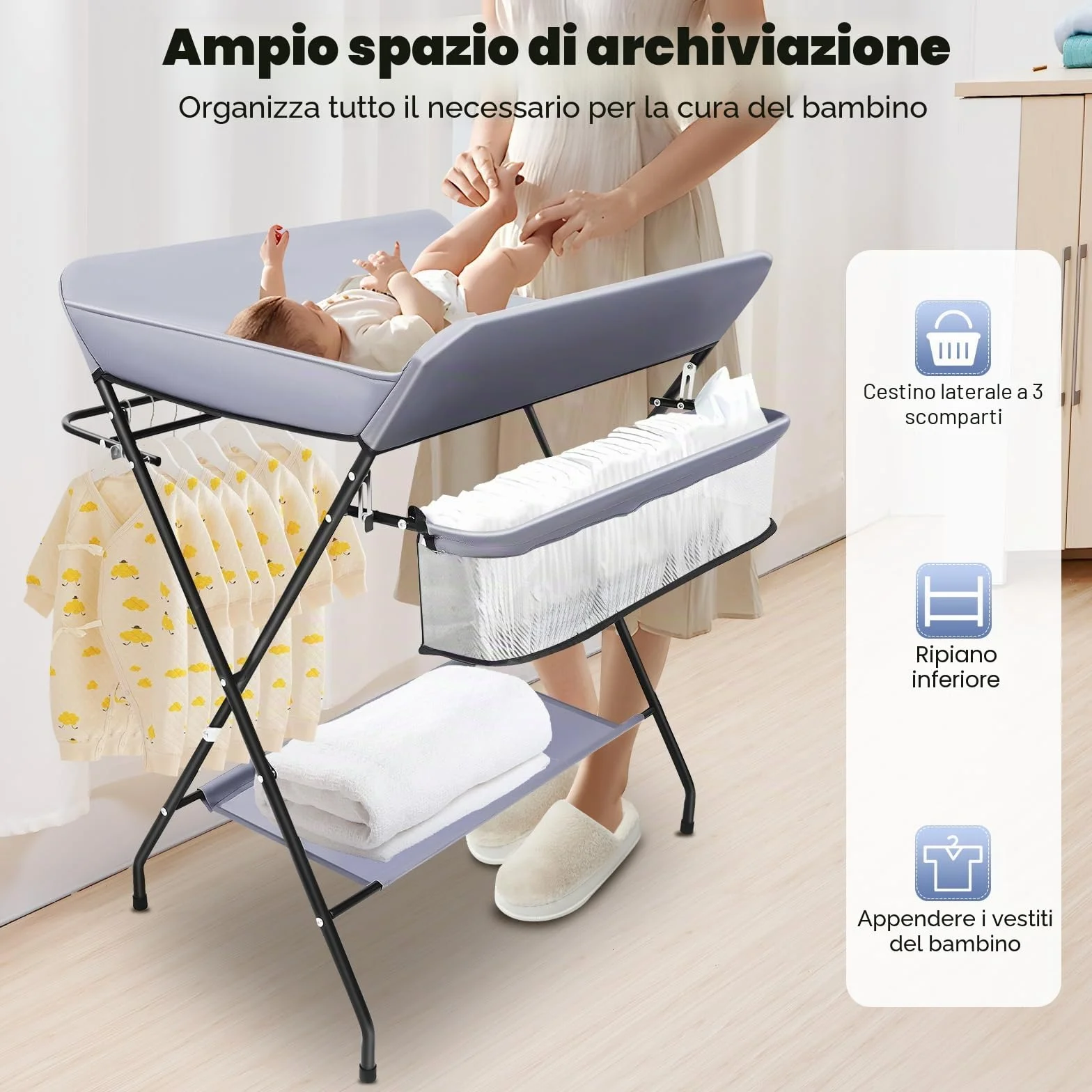 Fasciatoio pieghevole portatile con cintura di sicurezza e ripiani, salvaspazio e stabile grigio