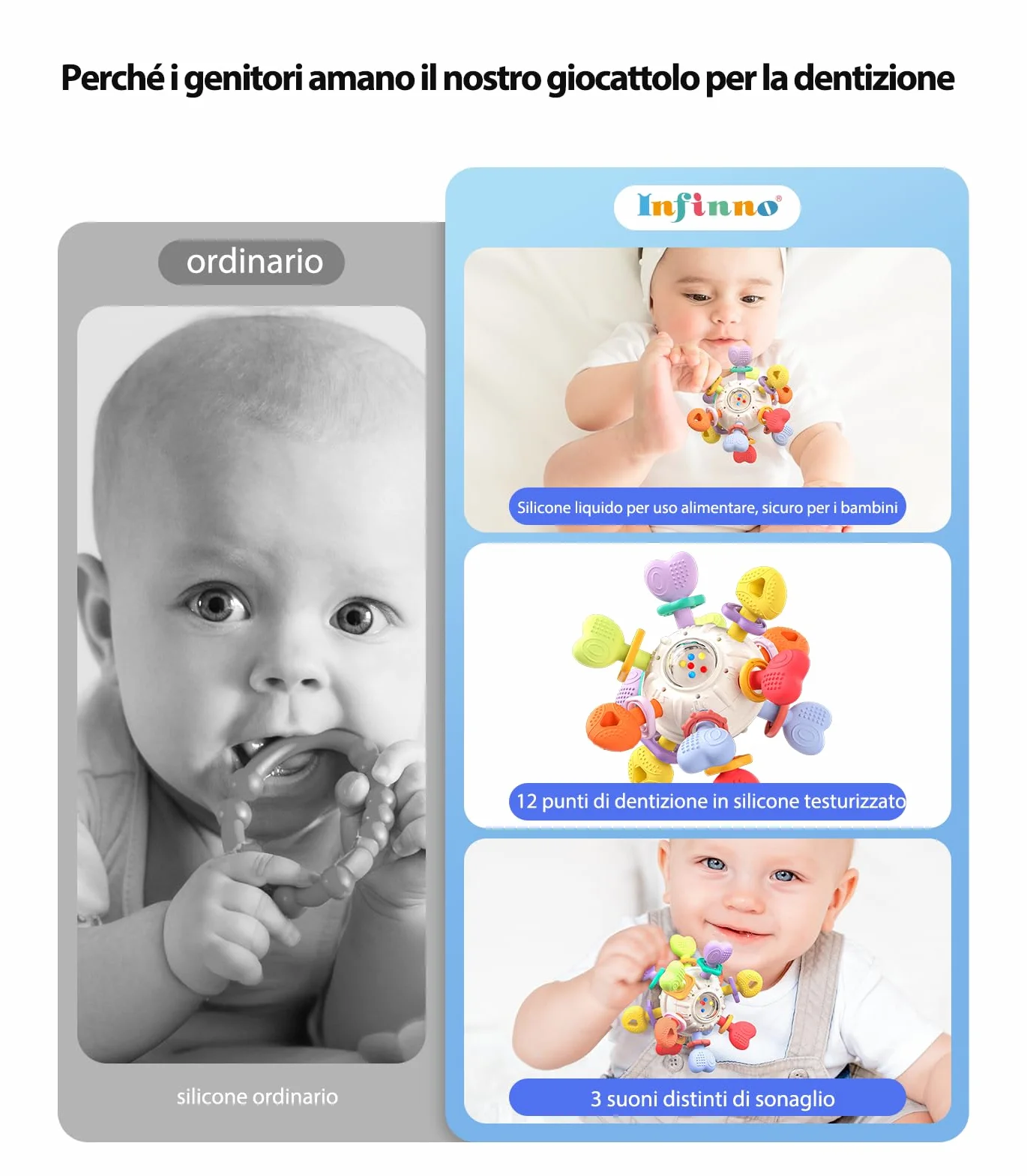 Infinno Sonaglio Dentizione Neonato 0-12 Mesi, Gioco Sensoriale Montessori in Silicone Alimentare