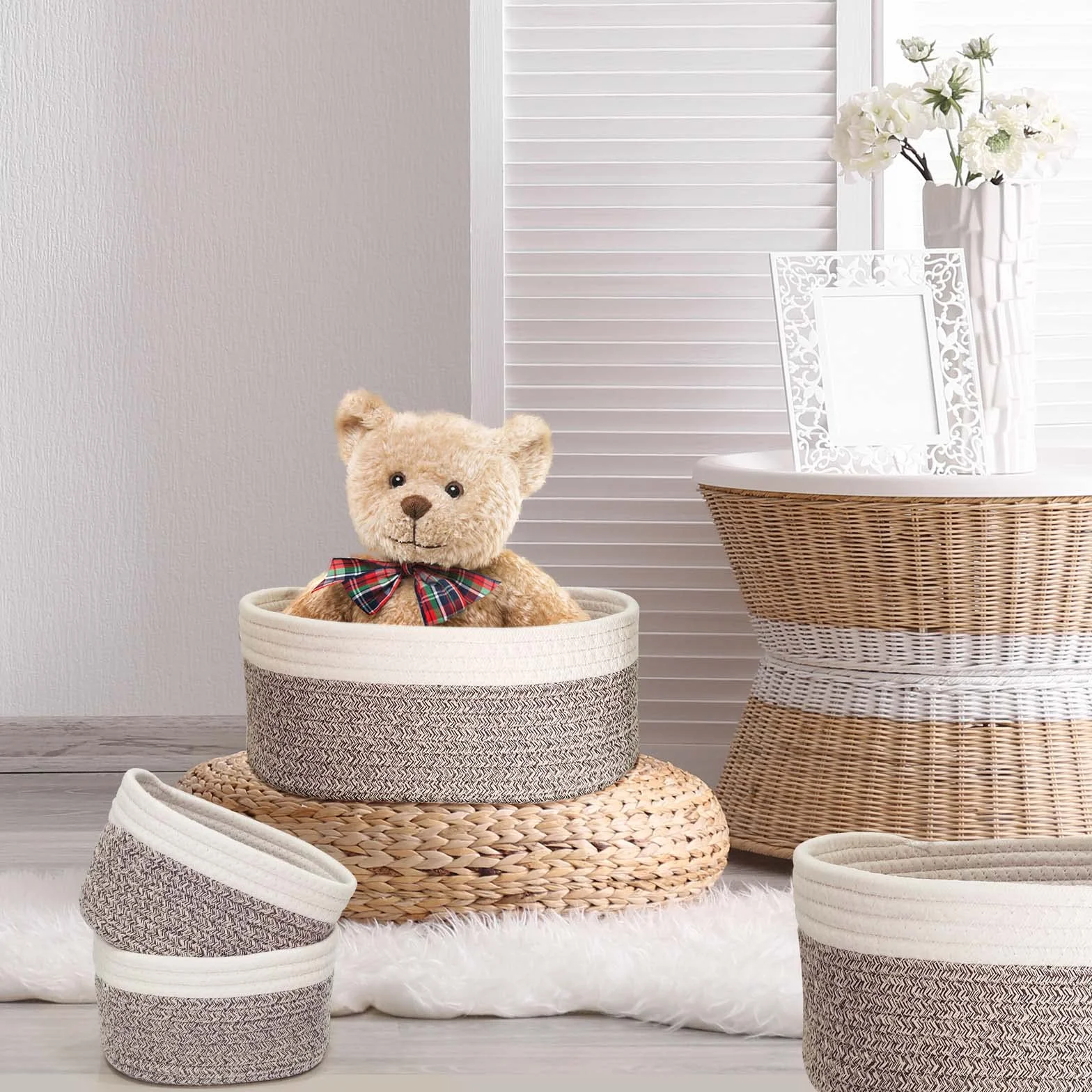 Cesto portaoggetti intrecciato in corda di cotone set da 4 pezzi per bagno fasciatoio organizer