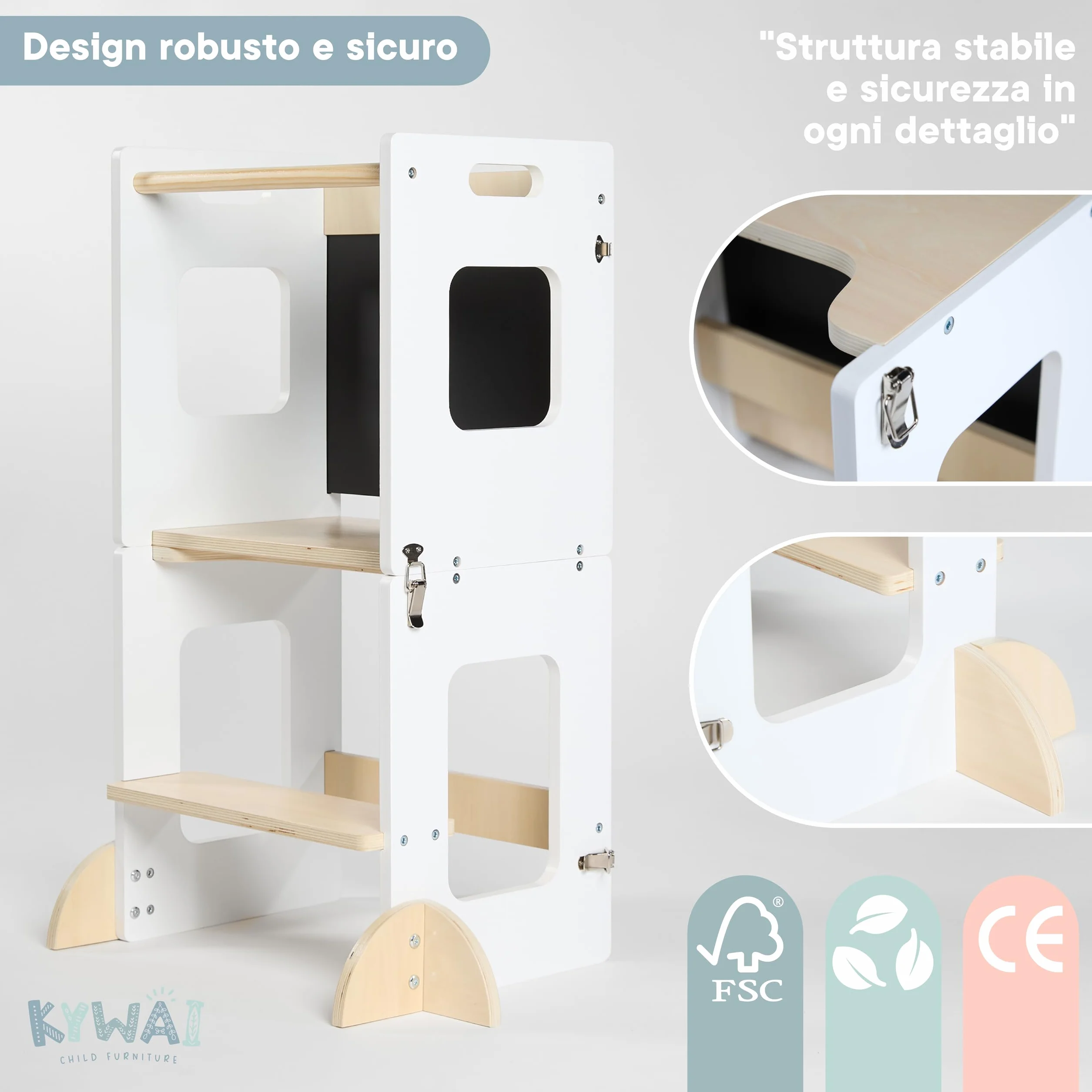 Torre Montessoriana Bambini 3 in 1 con Lavagna e Gambe di Sicurezza Scrivania Pieghevole Legno Sostenibile