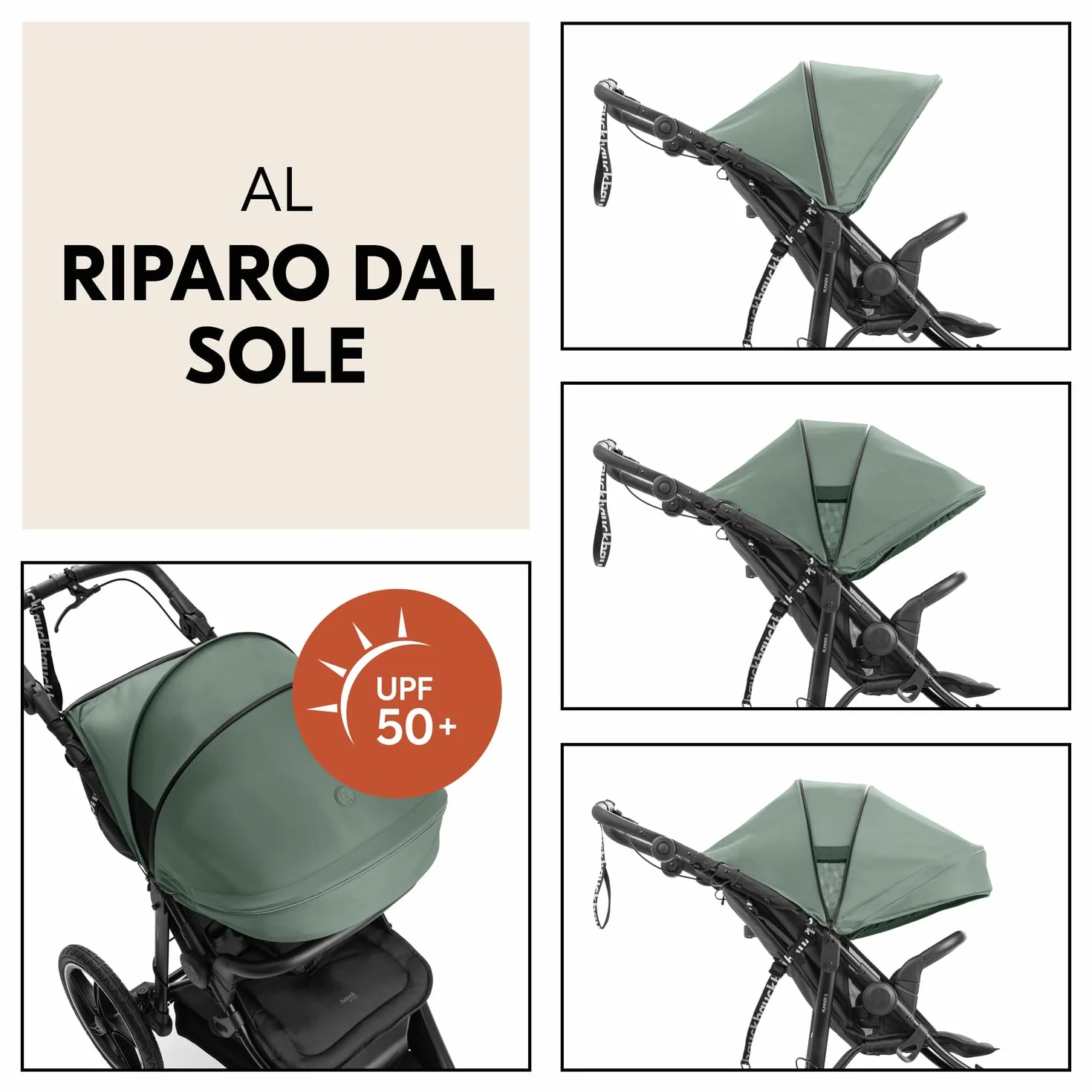 Hauck Runner 3 Verde Giungla Passeggino 3 Ruote d'Aria 22 kg Sospensione Regolabile Freno a Mano Cappottina XL UPF 50+