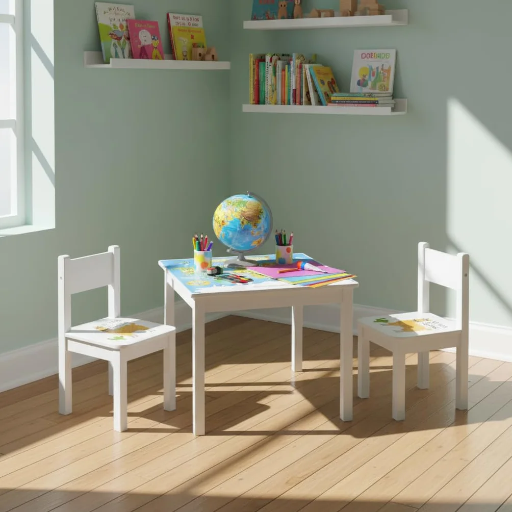 Leomark Tavolo e 2 Sedie in Legno per Bambini 60x60x49 cm, Set Stabile Mappa del Mondo