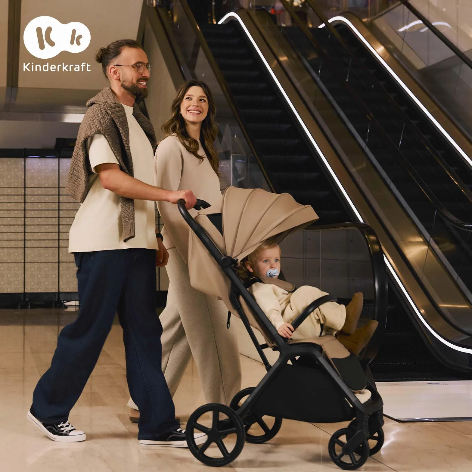 Kinderkraft LOOM Passeggino leggero 27kg, Chiusura una mano, cesto sotto, capottina estensibile, Barra sicurezza, Beige