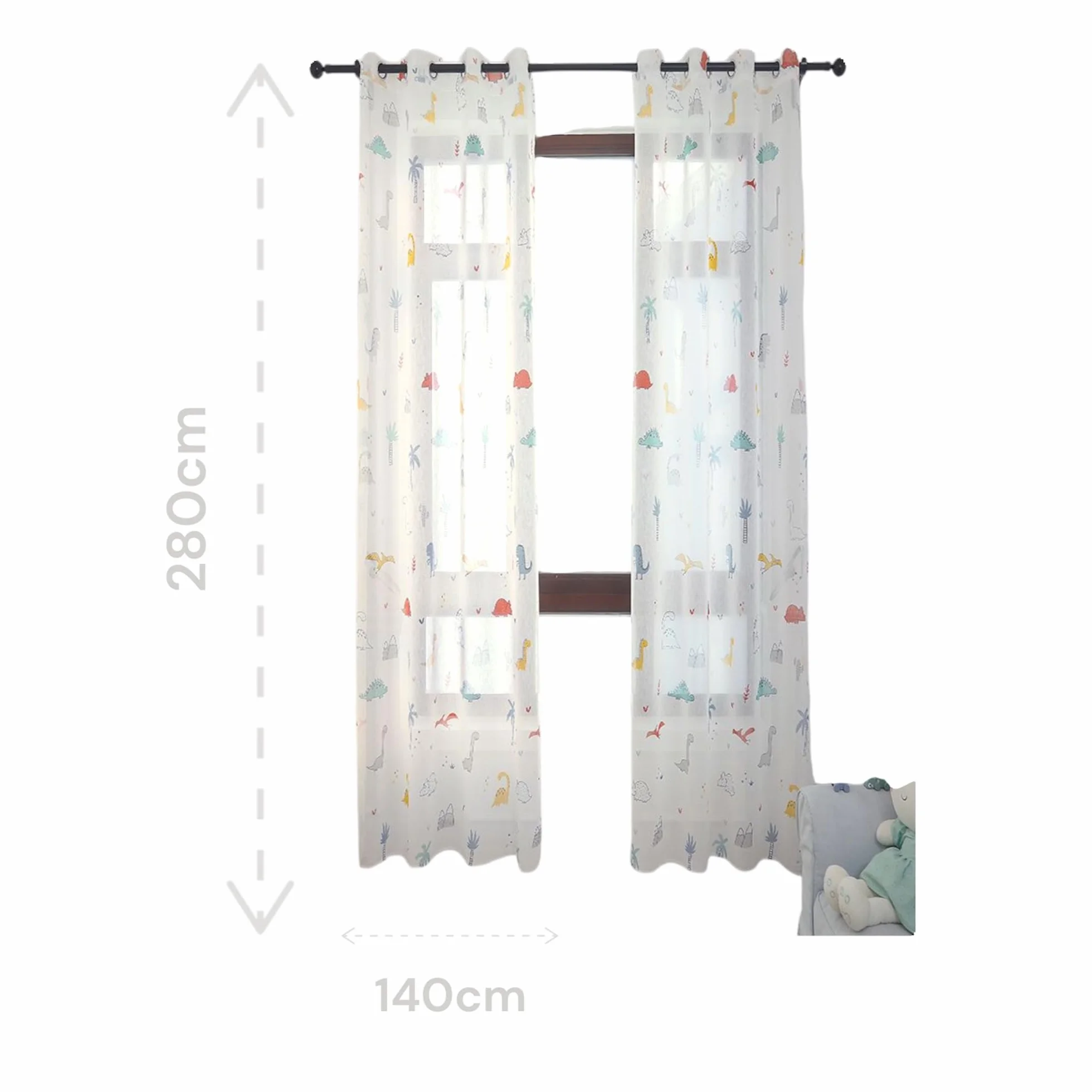 Tende Dinosauri per Cameretta Bambini 140 x 280 cm Trasparenti Occhielli Motivo Colorato 1 Pannello