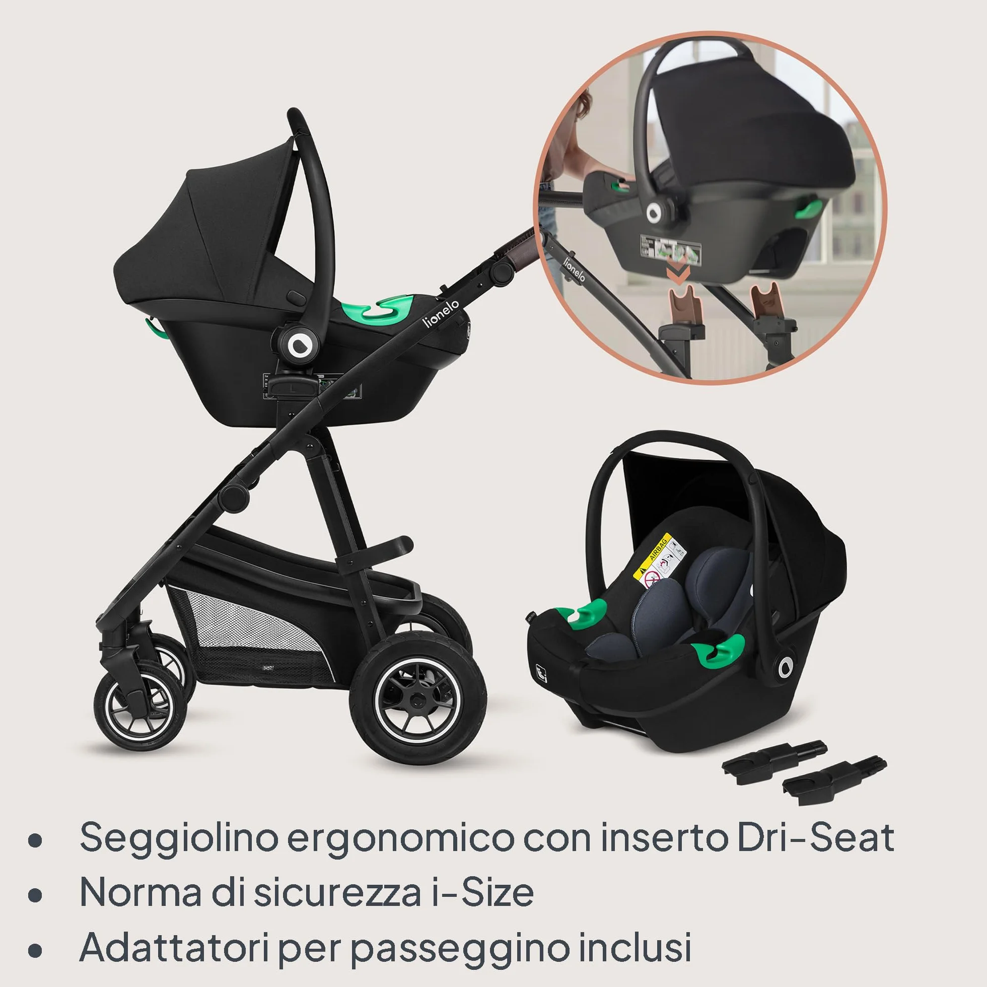 Passeggino 3 in 1 per Bambini 0-48 mesi, Sistema Modulare con Seduta, Navicella, Ovetto Neonato, Leggero, Pieghevole, Ruote Grandi, Cappottina XXL UPF50+