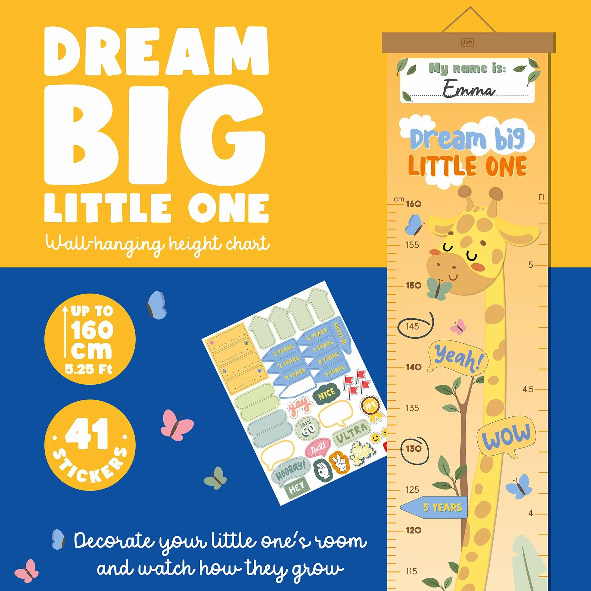 Legami Metro da Parete Dream Big Little One per Altezza Bambini 160 cm 41 Stickers Inclusi Listelli Legno Tema Giraffe