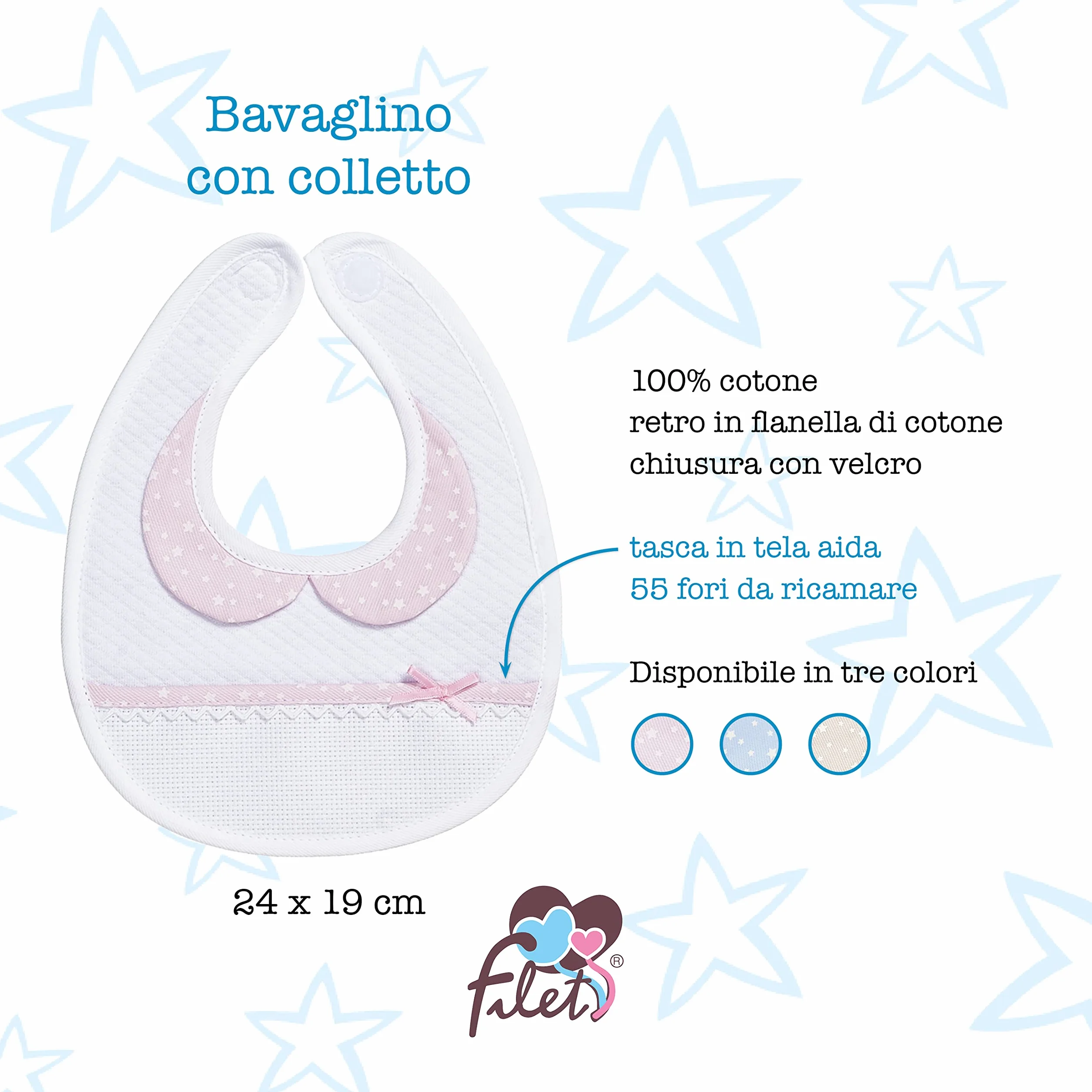 Bavaglino Da Ricamare Con Colletto Tasca in Tela Aida 55 fori Chiusura con Velcro Neonati 1 Unità