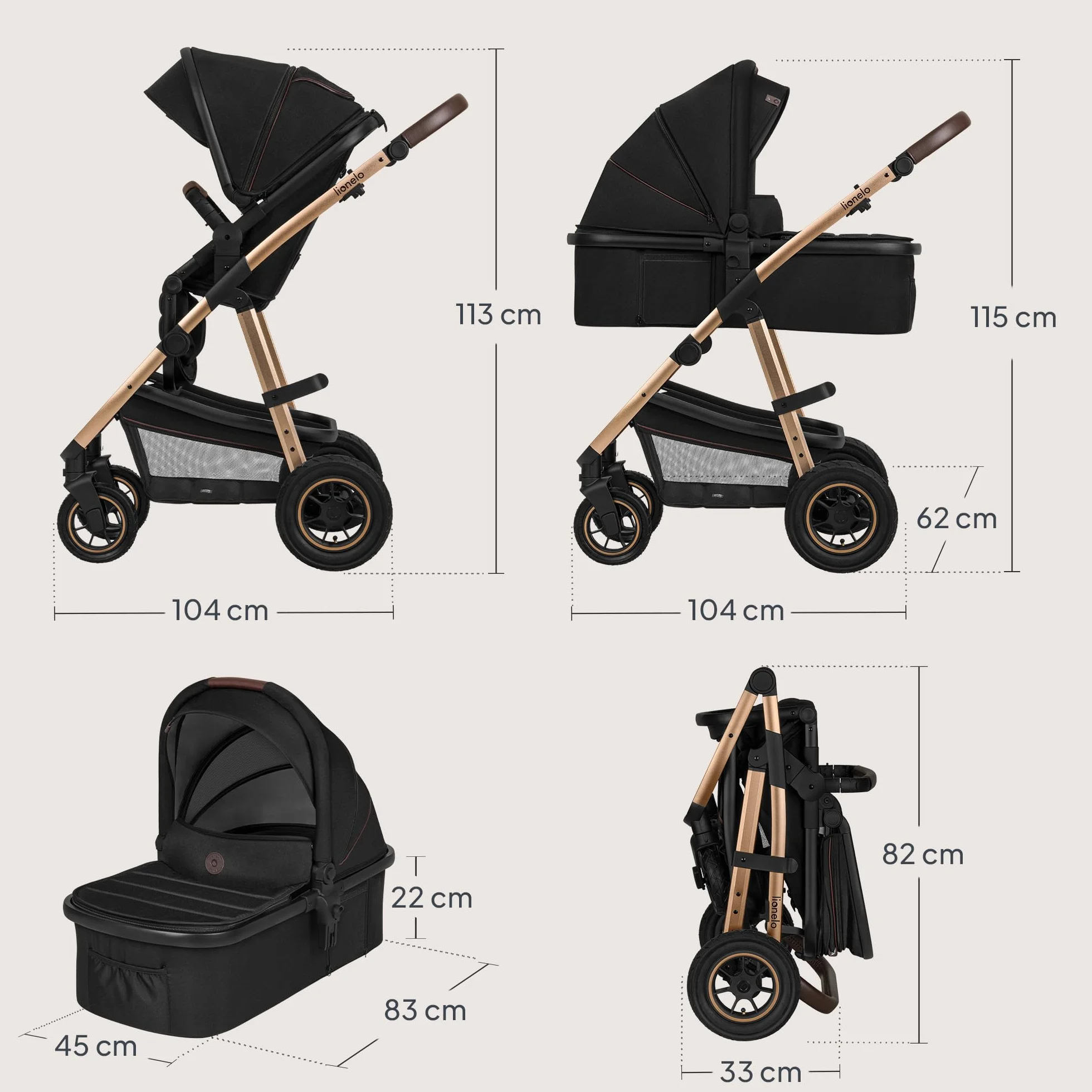 LIONELO Amber Passeggino Trio 3-in-1 0-22 kg Pieghevole Regolabile Ruote Grandi Cappotina XXL