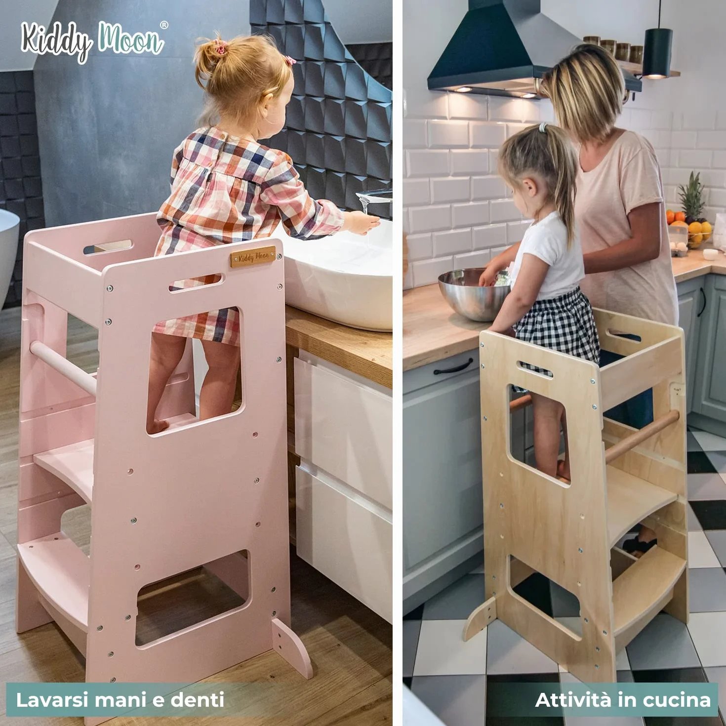 KiddyMoon Torre Montessori Bambini, Learning Tower Cucina, Pedana Regolabile 3 Altezze, Bianco