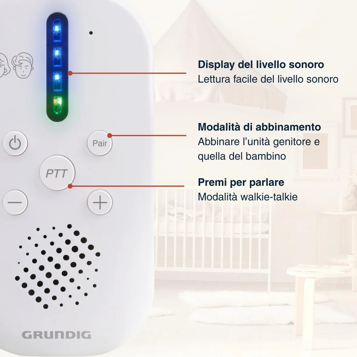Grundig Baby Monitor Audio DECT Komunikacja Bidirekcyjna LED Dźwięku Baterie Biały