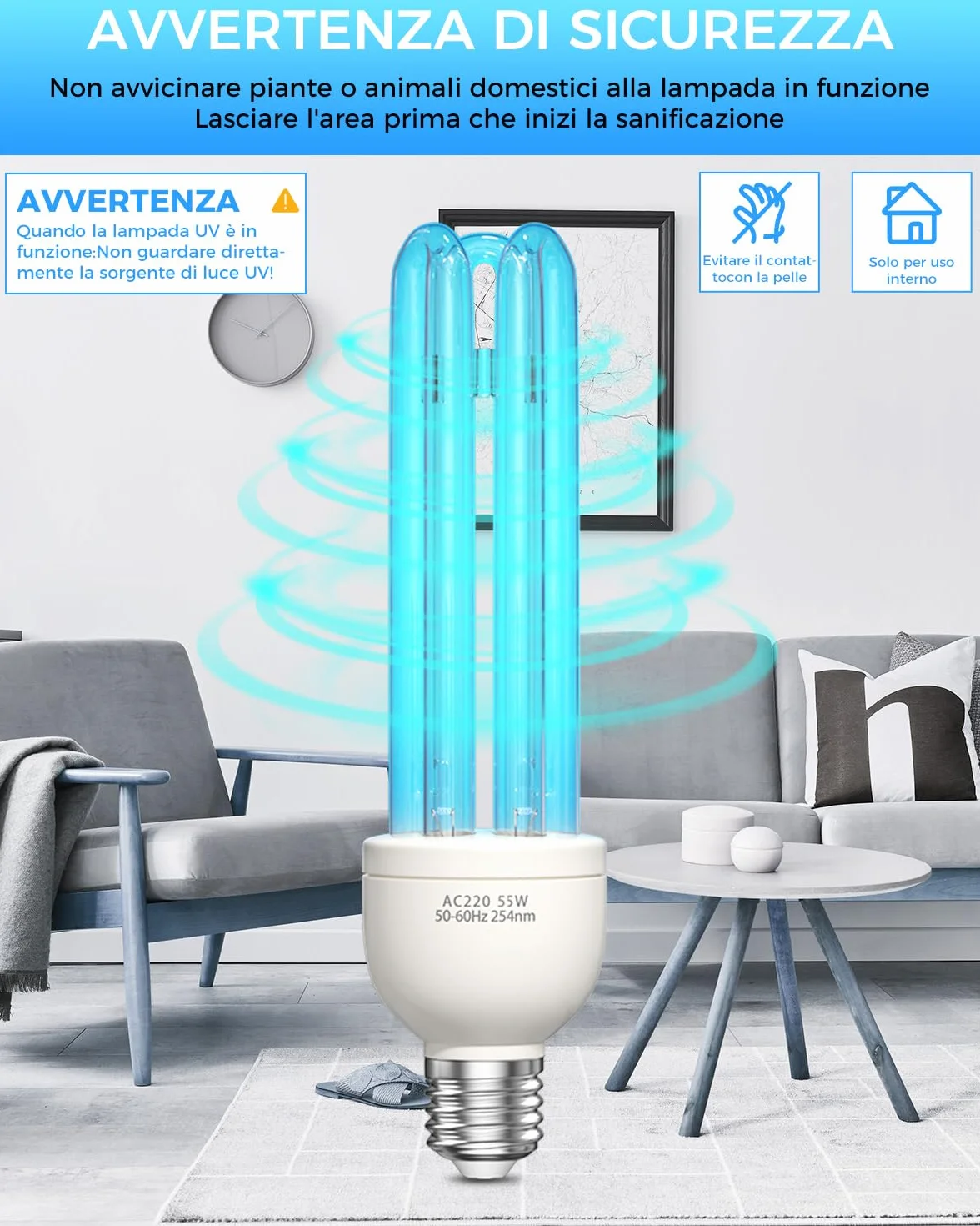 Lampada UV Ozono 55W Lampada Germicida Raggi UVC E27 254nm con Tubo al Quarzo Brine Ozono Contro Batteri Virus e Acari AC220-240V per Case, Lavatoi, Uffici, Ristoranti e Scuola Aria fresca