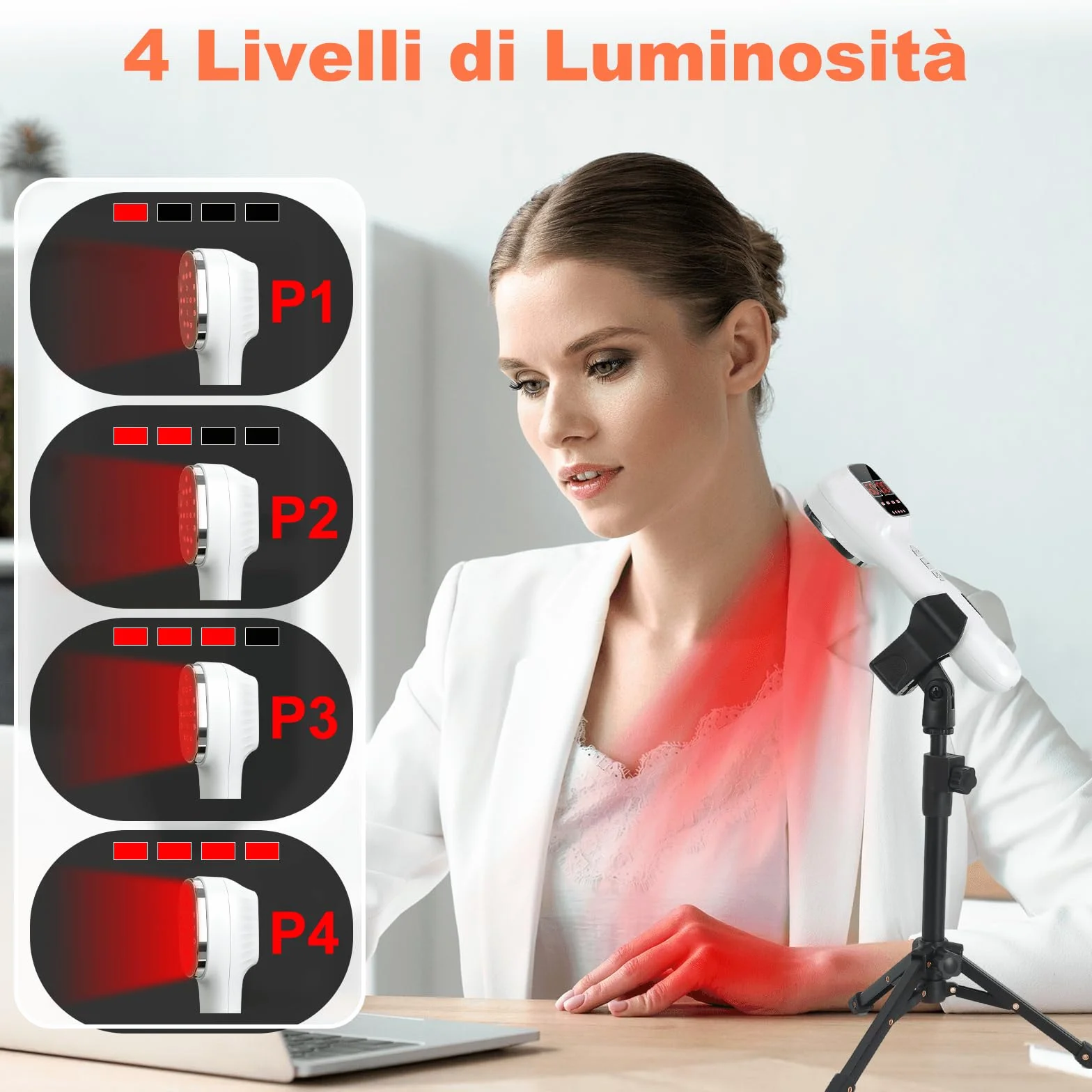 Dispositivo portatile con luce rossa e supporto, 16×650 + 3×808 Quattro modalità operative e funzione timer a 12 livelli Il dispositivo con luce rossa include un display a LED e occhiali protettivi