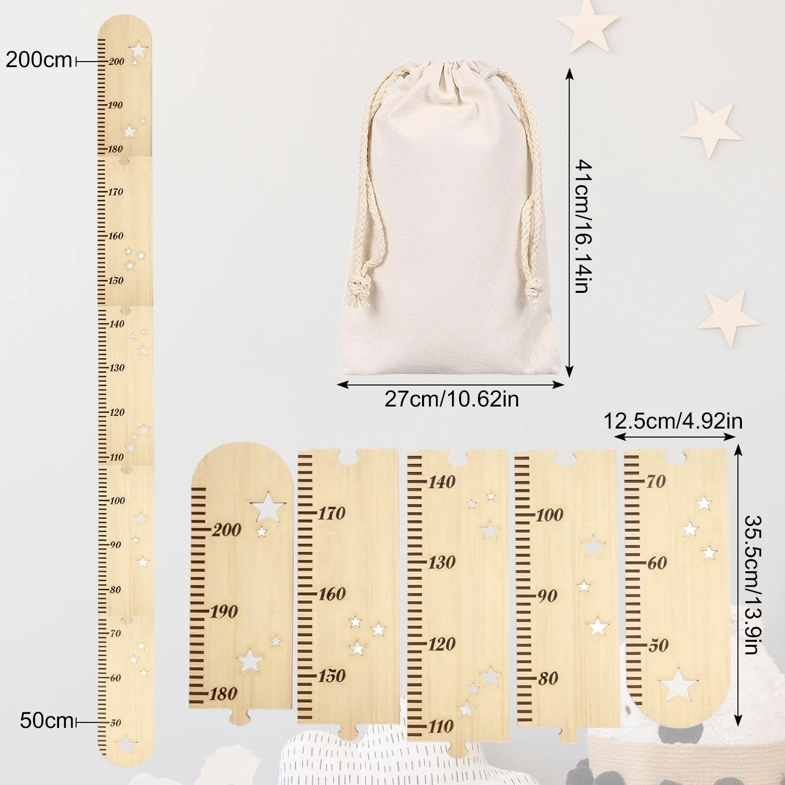 Metro da Parete in Legno per Bambini 50-180cm con Incisioni Delicati, Fissaggio Facile, Sacchetto di Stoccaggio in Tela (27x42 cm)