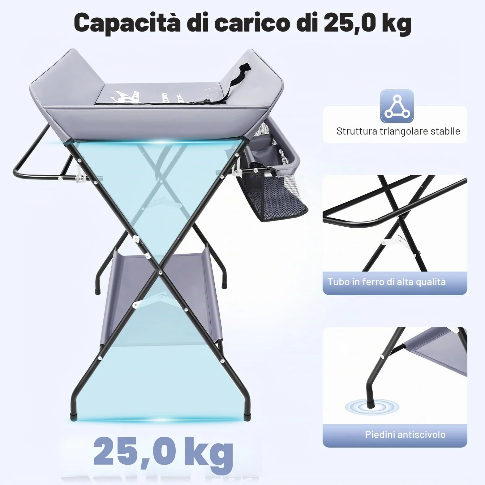 Fasciatoio pieghevole portatile con cintura di sicurezza e ripiani, salvaspazio e stabile grigio