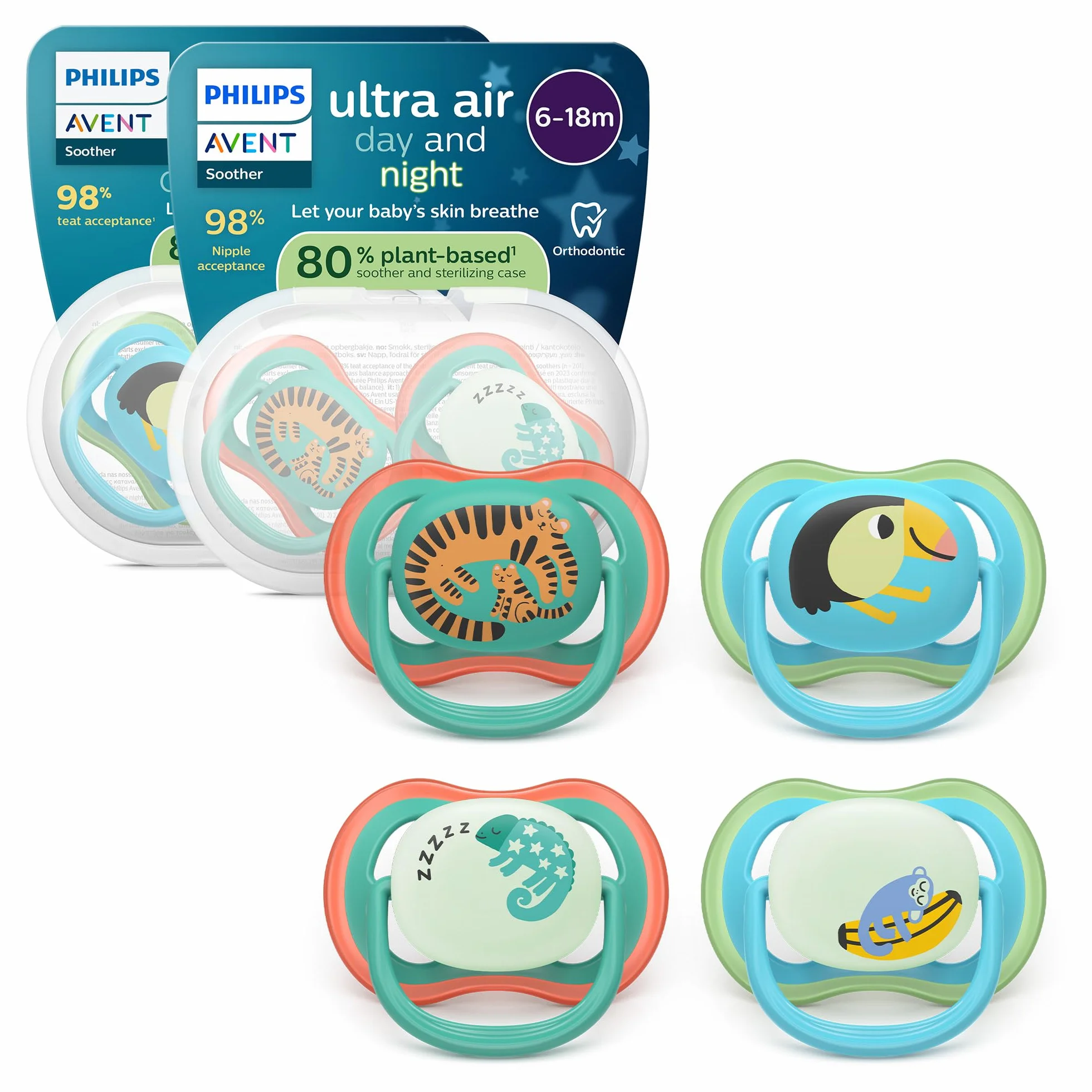 Philips Avent Ultra Air Day & Night Ciuccio ortodontico 6-18 mesi fluorescente silicone senza BPA confezione 4 SCF087/27