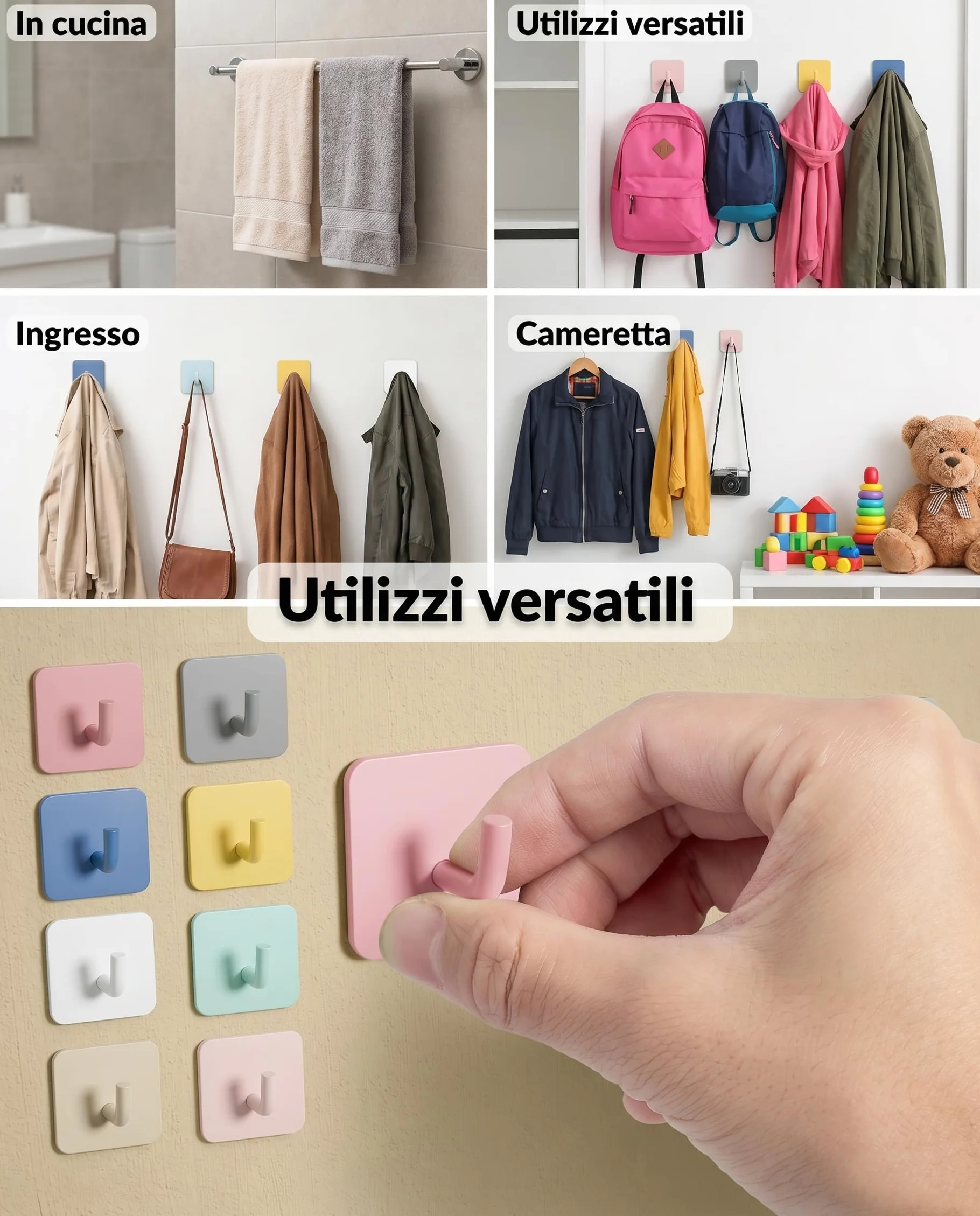 DEKAZIA Set di 4 ganci appendiabiti per bambini blu e verde adesivi da parete
