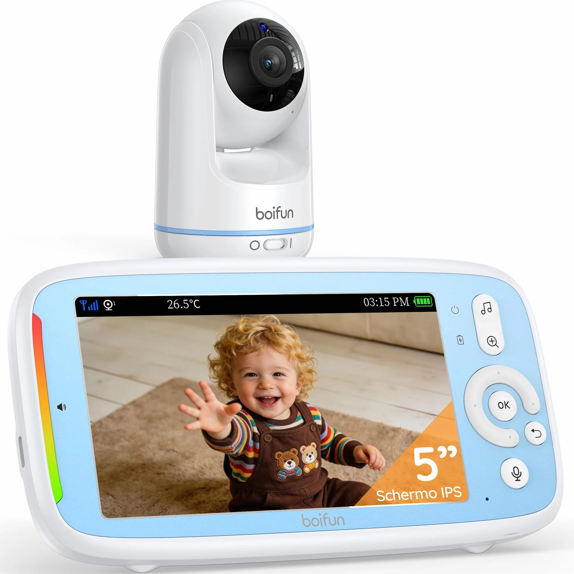 Boifun Baby Monitor 360° HD, Schermo IPS 5", Audio Bidirezionale, Rilevamento Temperatura, Batteria 3050mAh, Zoom 3X, Visione Notturna, Modalità VOX, Ninne Nanne