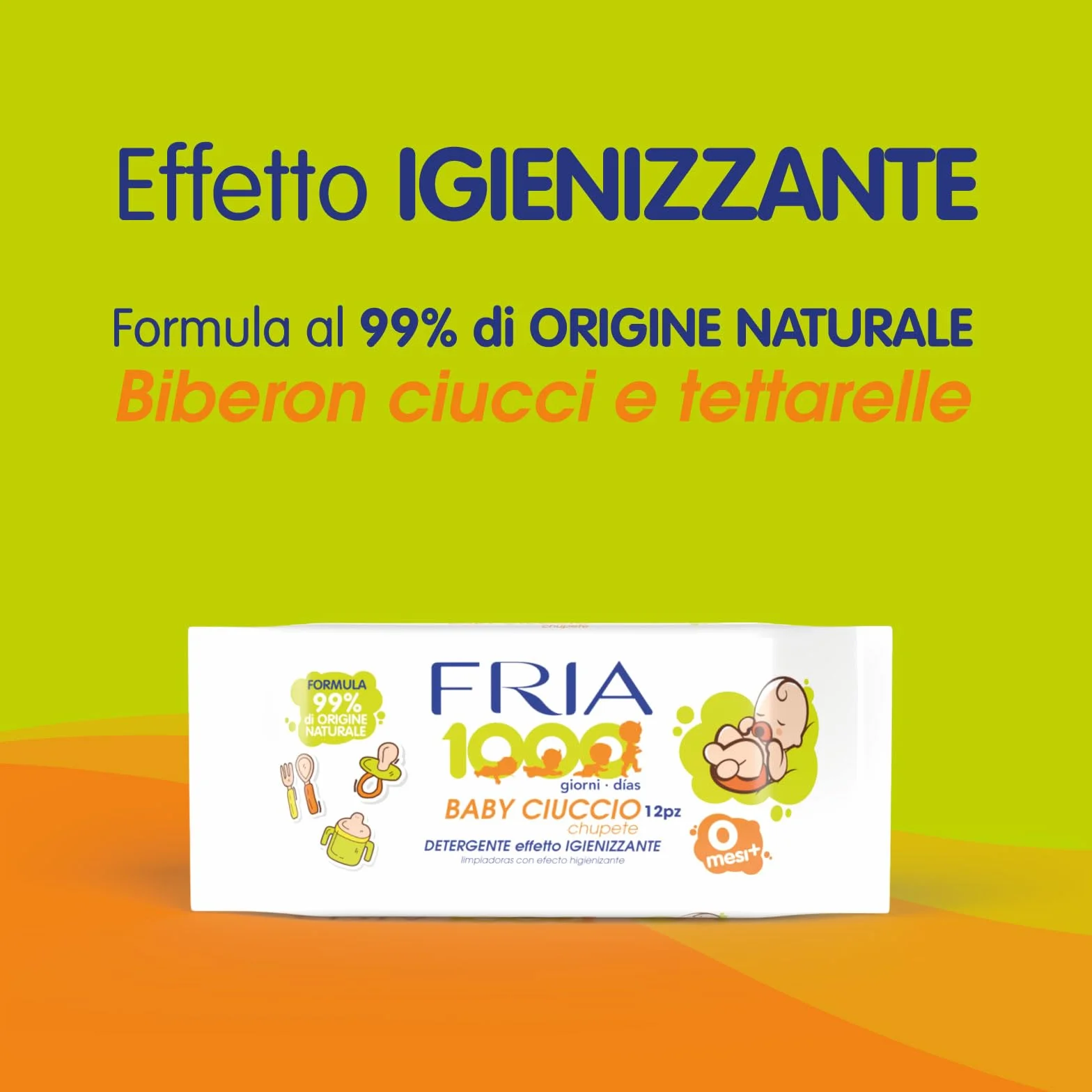 Fria Baby Ciuccio Salviette Pulisci Ciuccio Biberon Tettarelle Azione Igienizzante 99% Origine Naturale Confezione Borsa 12 Salviette