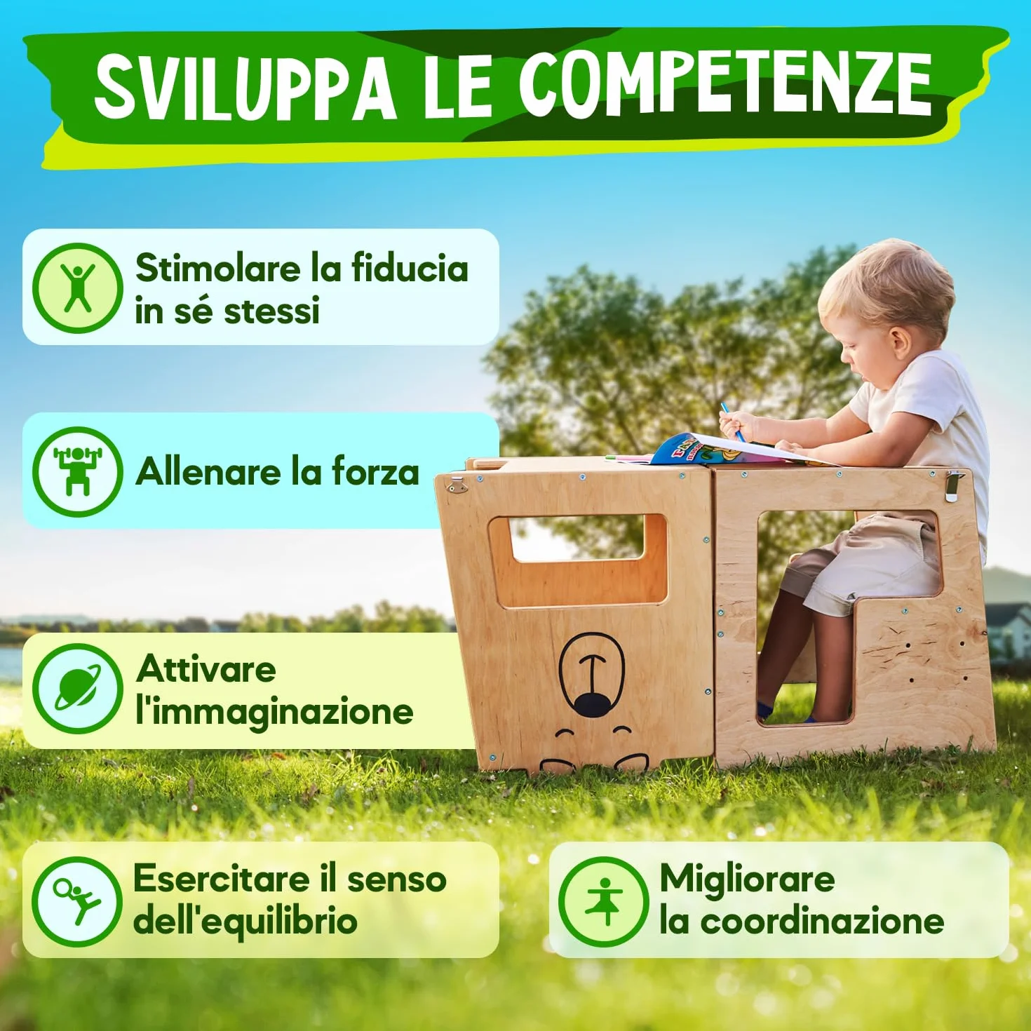 Torre Montessoriana 3-in-1 in Legno Naturale per Bambini da 1 Anno con Lavagna, Tavolo e Sedia, Sgabello Cucina e Bagno