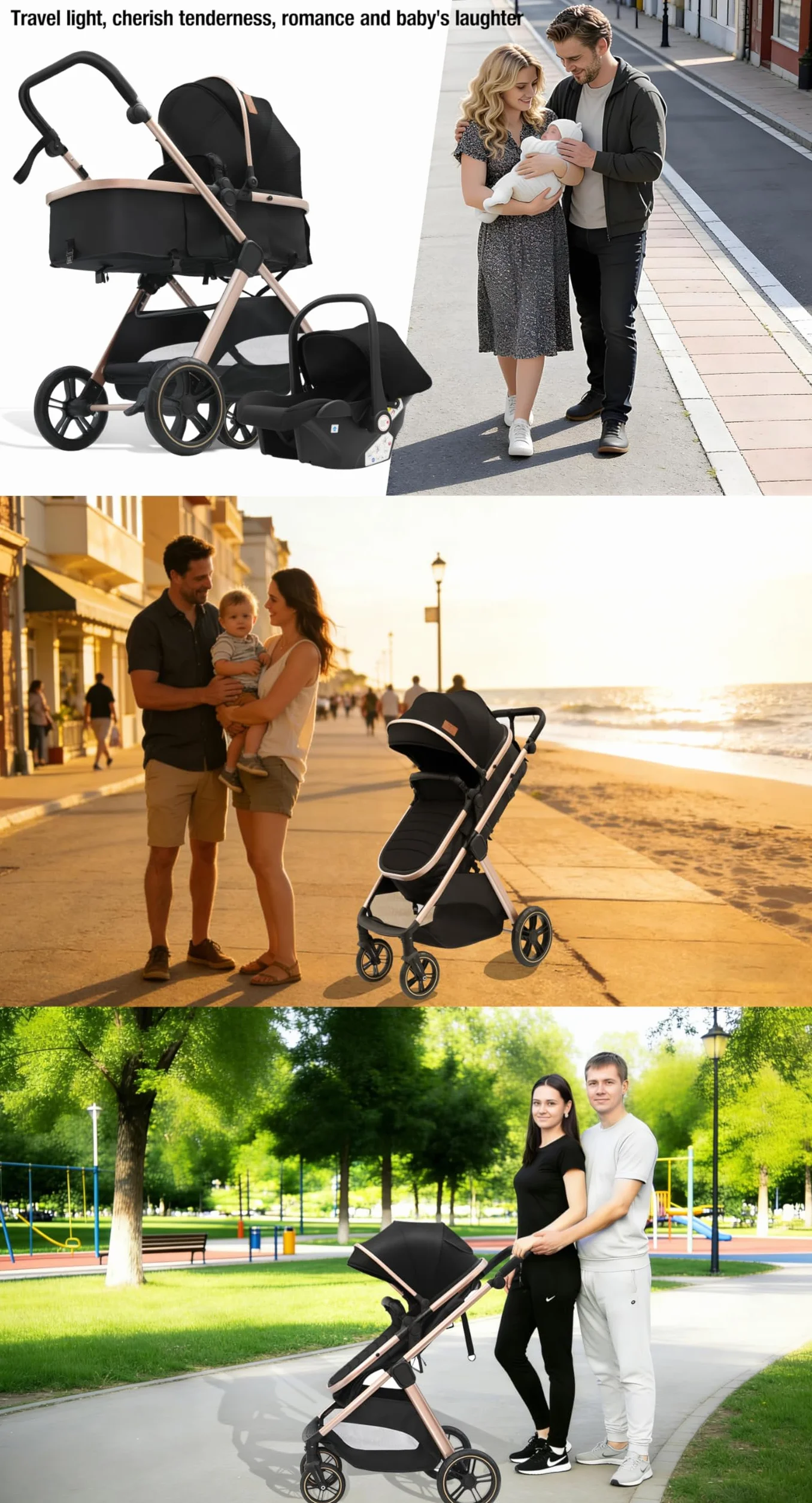 Passeggino Trio 3 in 1 Pieghevole in Un Clic con Telaio in Lega di Alluminio V10 Black