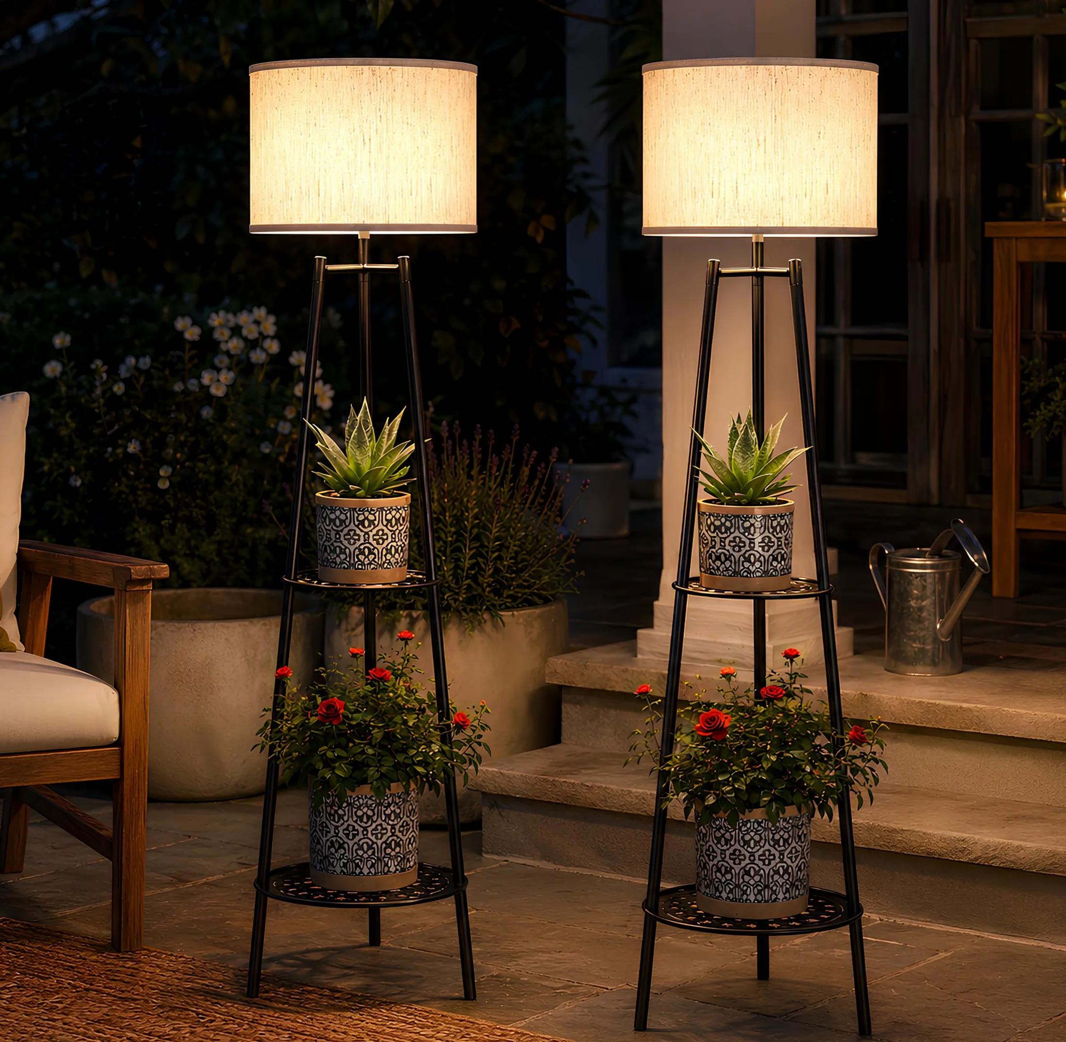 VISFLAIR Confezione da 2 luci solari con supporto per piante a 2 livelli, lampade da terra per esterni, impermeabili, a LED Edison, lampade da terra per patio, portico, terrazza, cortile, decorazione