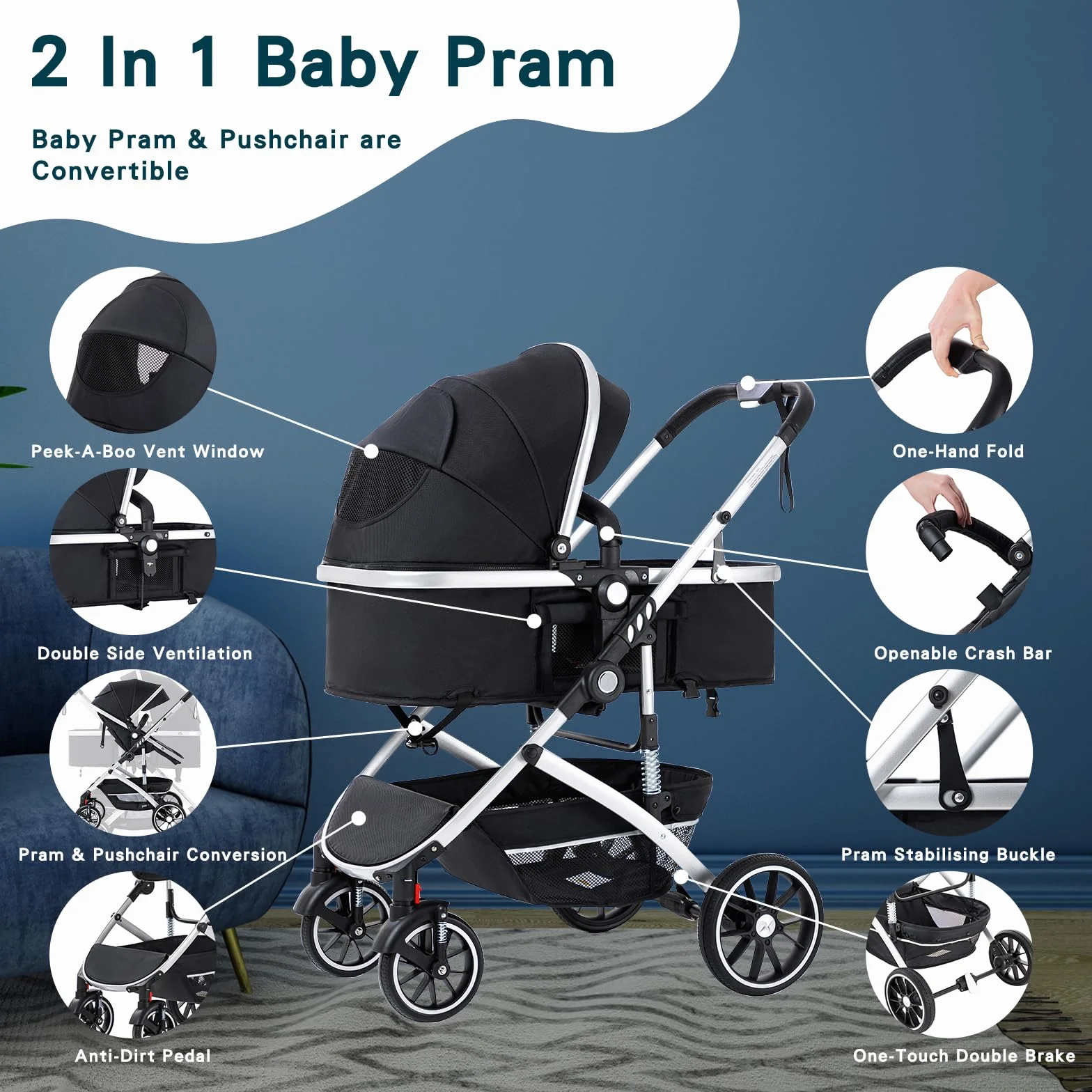 Passeggino 3 in 1 pieghevole per neonati 0-4 anni, sistema viaggio con carrozzina e seggiolino auto, beige