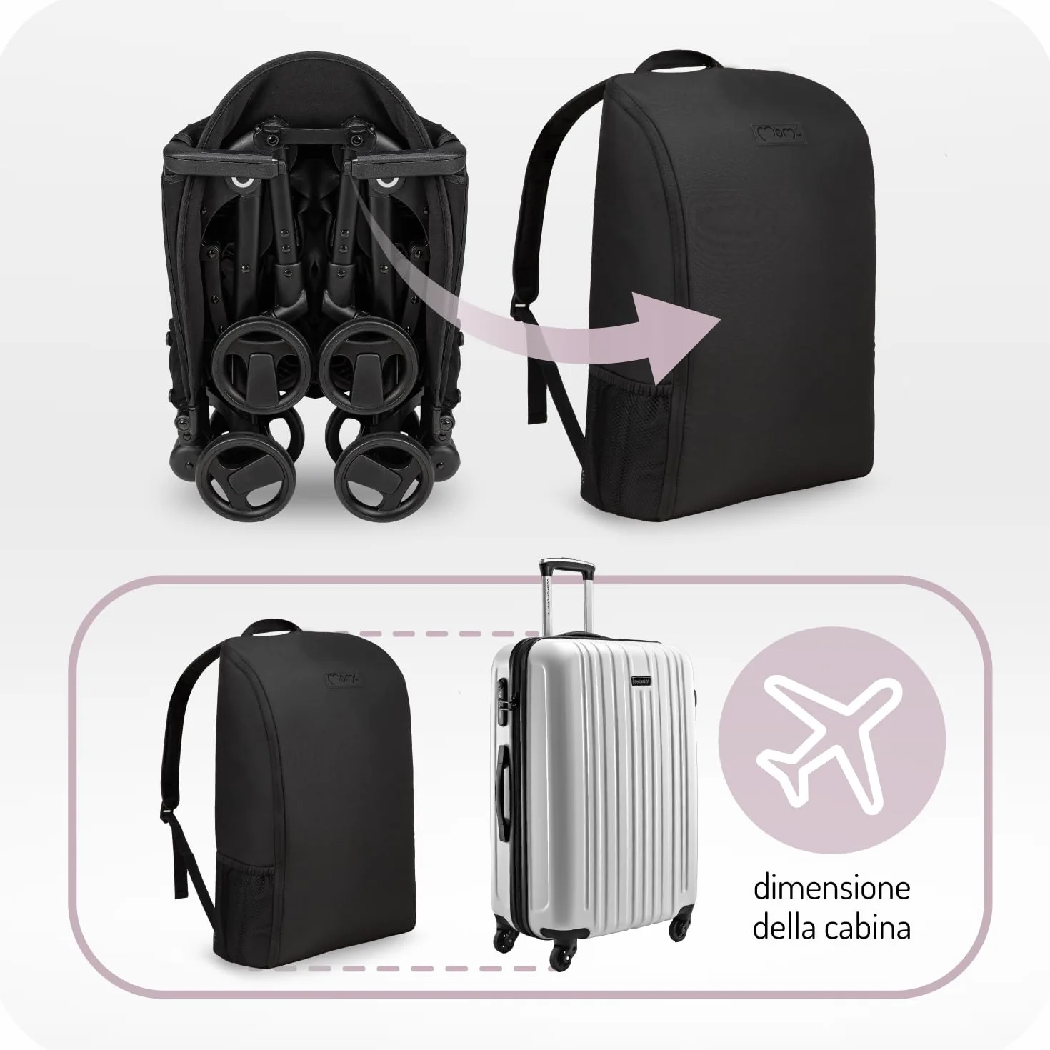 MoMi GRACE Passeggino leggero bambini 6 mesi pieghevole compatto viaggio cappottina parasole regolabile schienale reclinabile cintura 5 punti 15 kg zaino trasporto