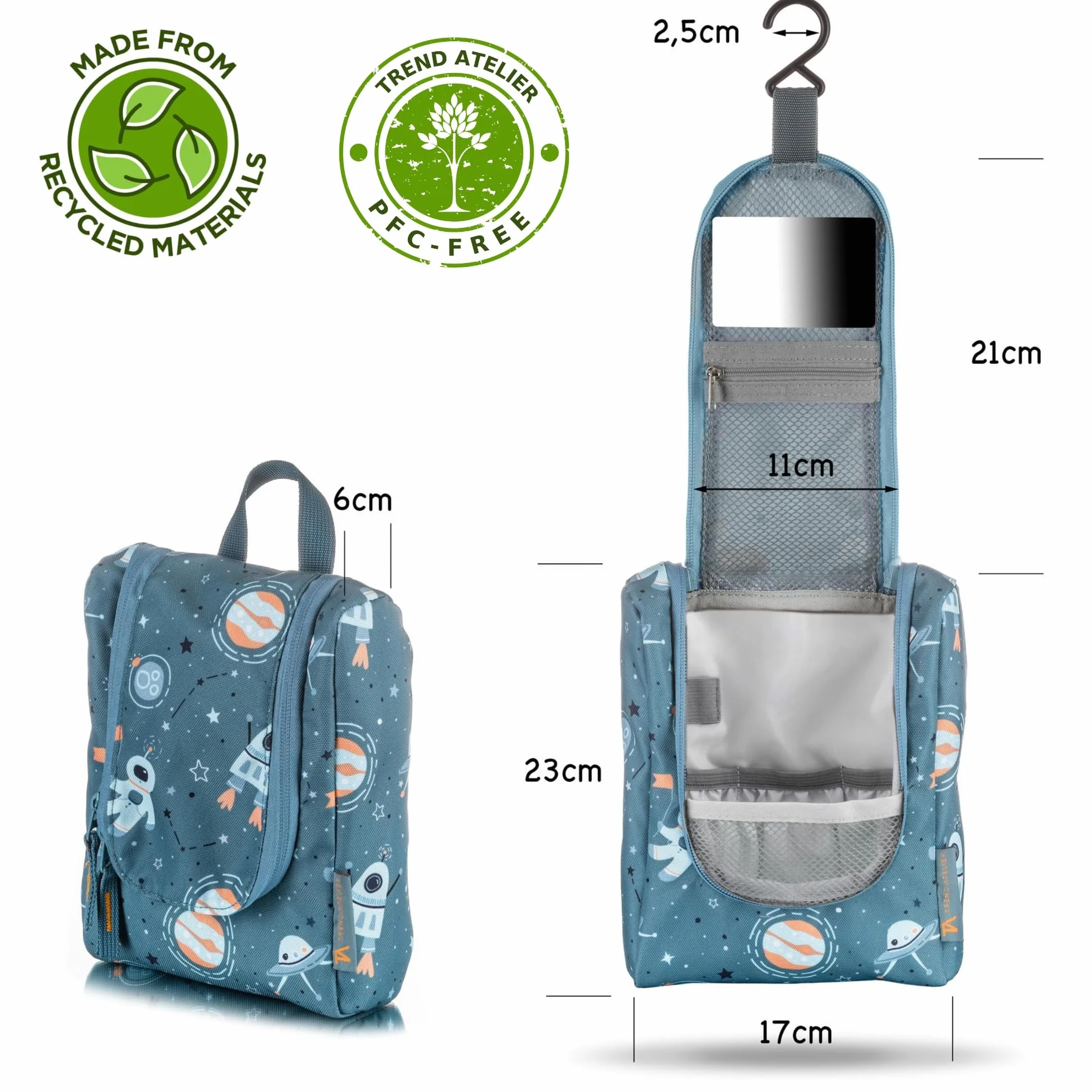 Beauty case bambini poliestere riciclato borsa da bagno sostenibile idrorepellente appendere Spazio Blu